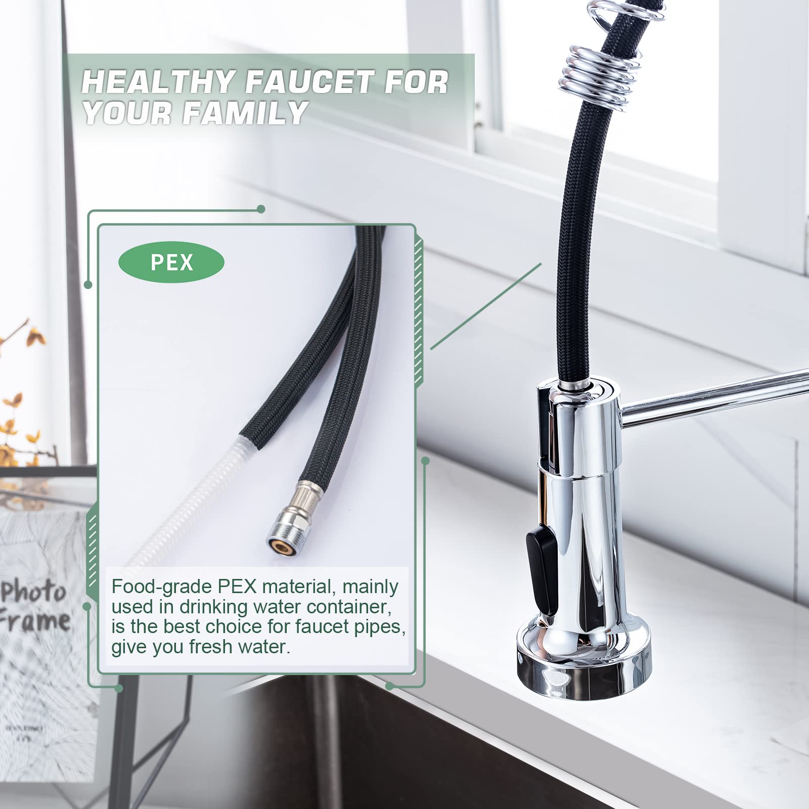 Chrome Kitchen Faucet  Faucet for Kitchen Sink with Pull Down Sprayer WEWE Kitchen Faucet with Deck Plate Stainless Steel Single Handle Spring for Farmhouse Utility Bar Laundry Sinks