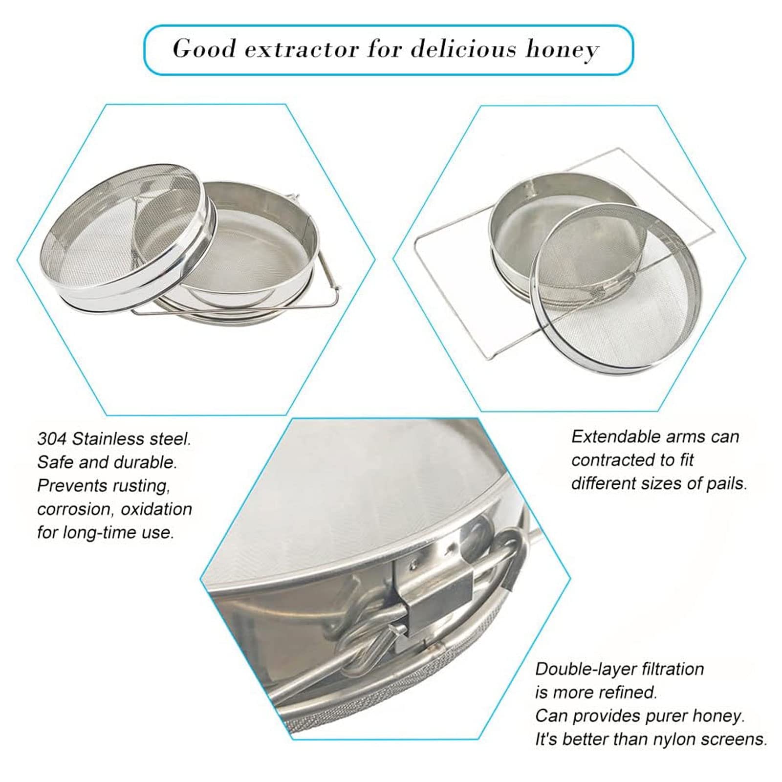 Honey Strainer For 5 Gallon Bucket Stainless Steel Double Sieve Honey Filter Strainer For Clean Honey With Up To 16.5 Inches Ext