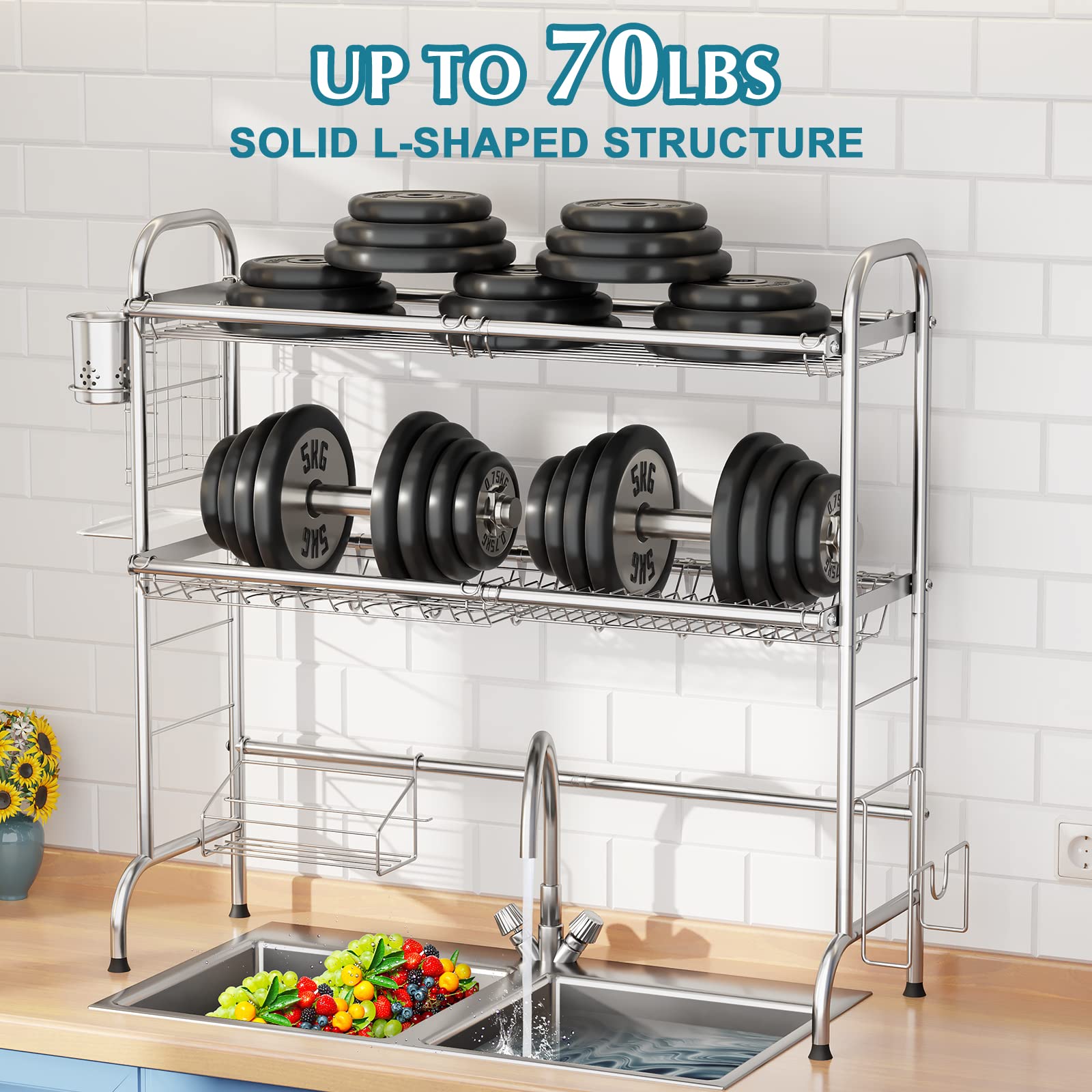 Over The Sink Dish Drying Rack, Howdia 2-Tier Stainless Steel Large Over The Sink Dish Rack With Utensil Holder Dish Drainers Fo
