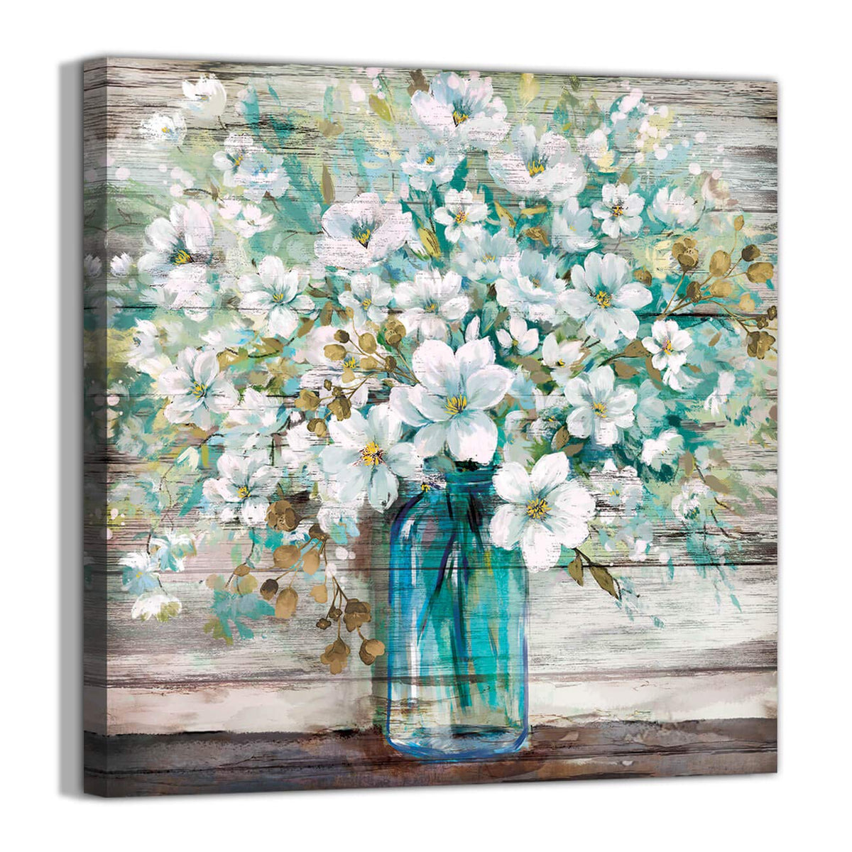 3Ldecor Country Style Canvas Wall Art Teal Blue Mason Bottle White Flower Rustic Wall Decor Art Hanging In The Bedroom Bathroom