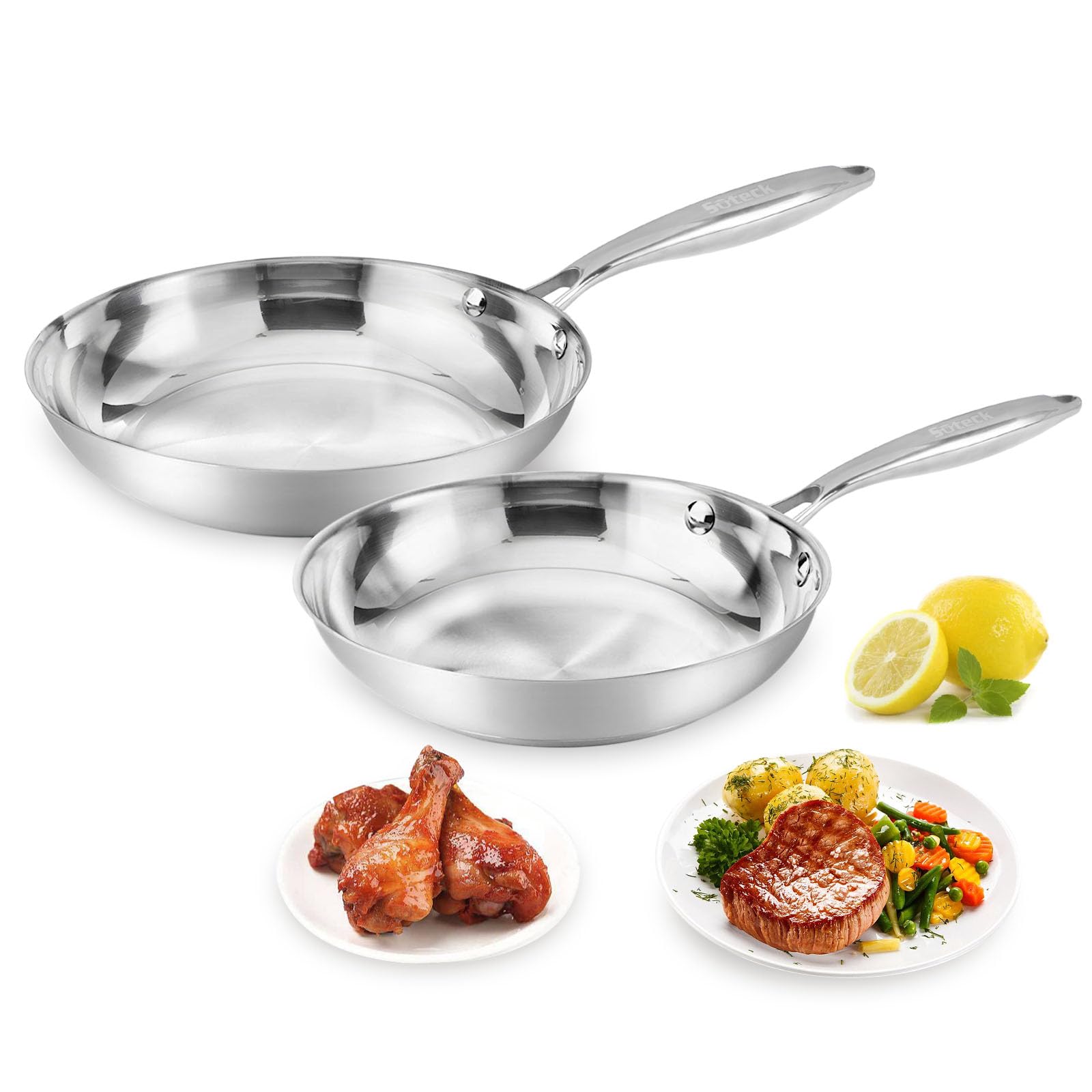 Fry Pan Set Of 2 | 8'' & 10'' Tri-Ply Stainless Steel Frying Pan, Oven & Dishwasher Safe Classic Cooking Pan Cookware