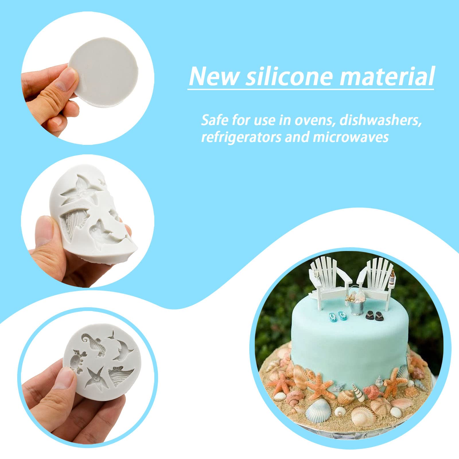 Memovan Marine Theme Silicone Fondant Mold 4Pcs Marine Under The Sea Cake Mold Hippocampus Seaweed Sea Fish Crab Coral Conch Sea