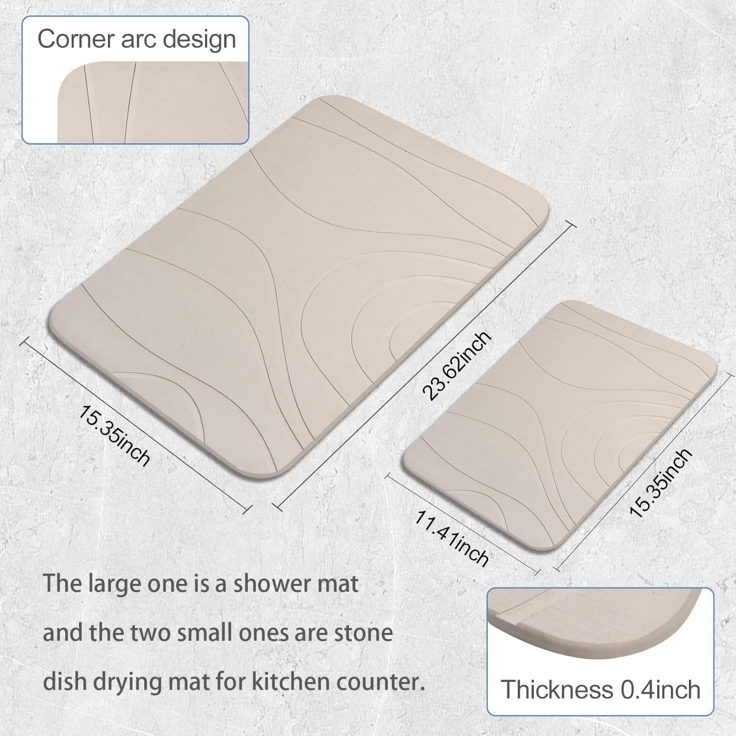 Humiga Stone Bath Mat, Diatomaceous Earth Shower Mat, Set Of 3, Non-Slip Super Absorbent Quick Drying Bathroom Floor Mat, 24X15,