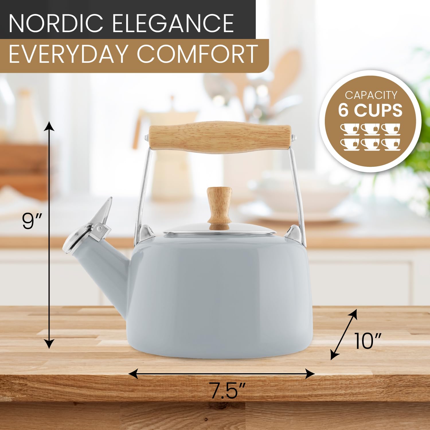Chantal SVEN Enamel on Steel Whistling Teakettle with Natural Wood handle  1.4 quarts (Fog Grey)