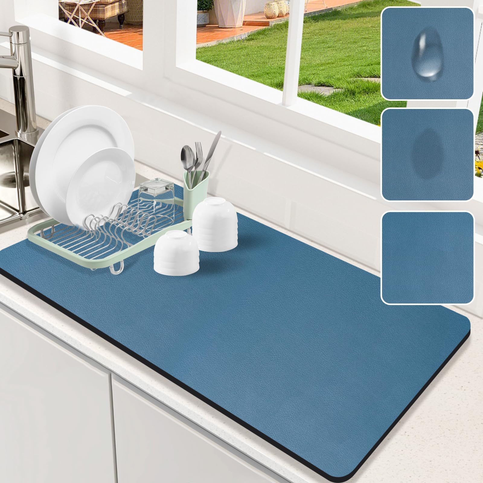 Dish Drying Mat for Kitchen Counter, 17x31.5 Dish Drying Pad with Non-slip Rubber Backed, Hide Stain Anti Absorbent for Kitchen 