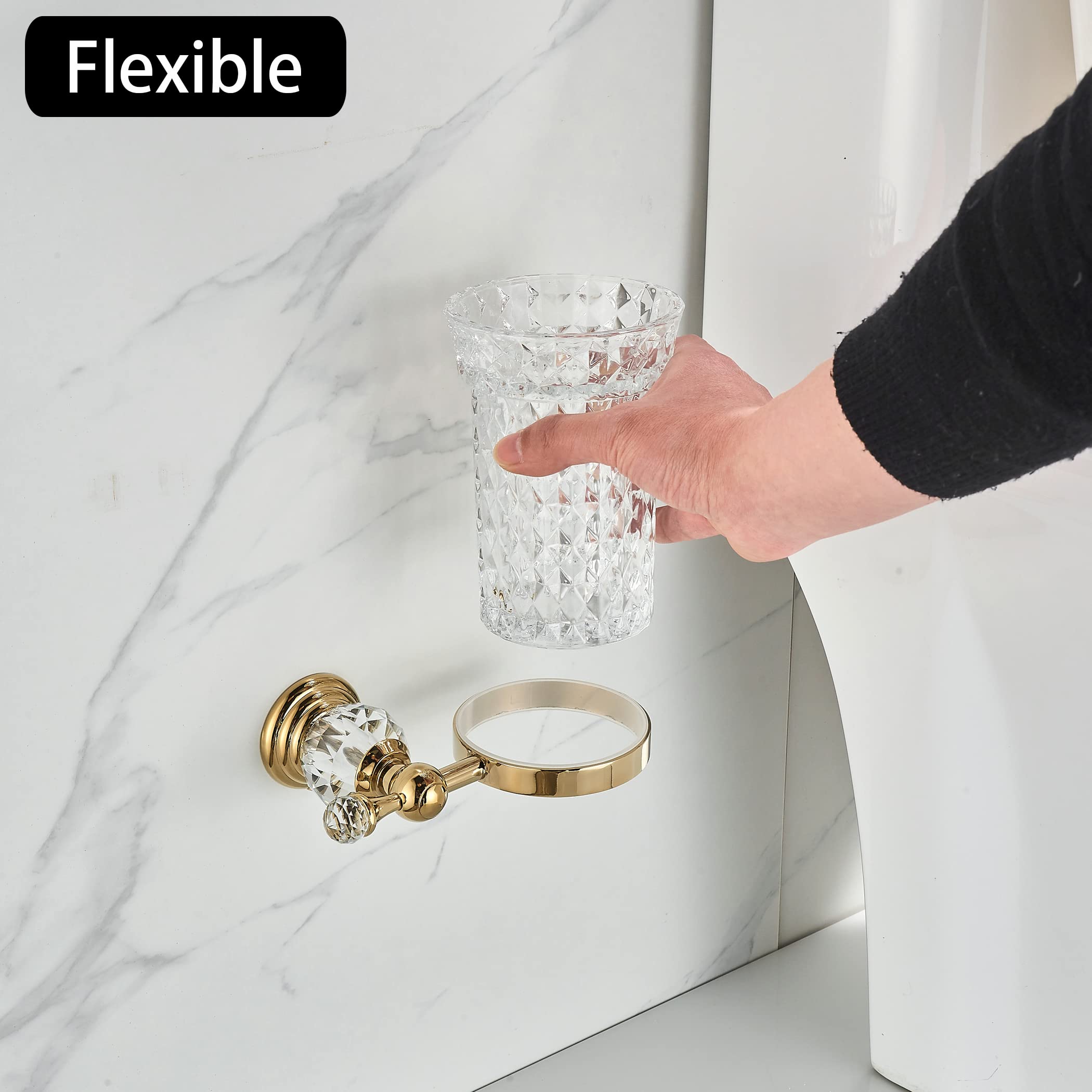 WOLIBEER Crystal Toilet Brush Holder  Polished Gold Brush Handle with Replaceable Brush Head  Stainless Steel Bathroom Cleaning Set Wall Mounted