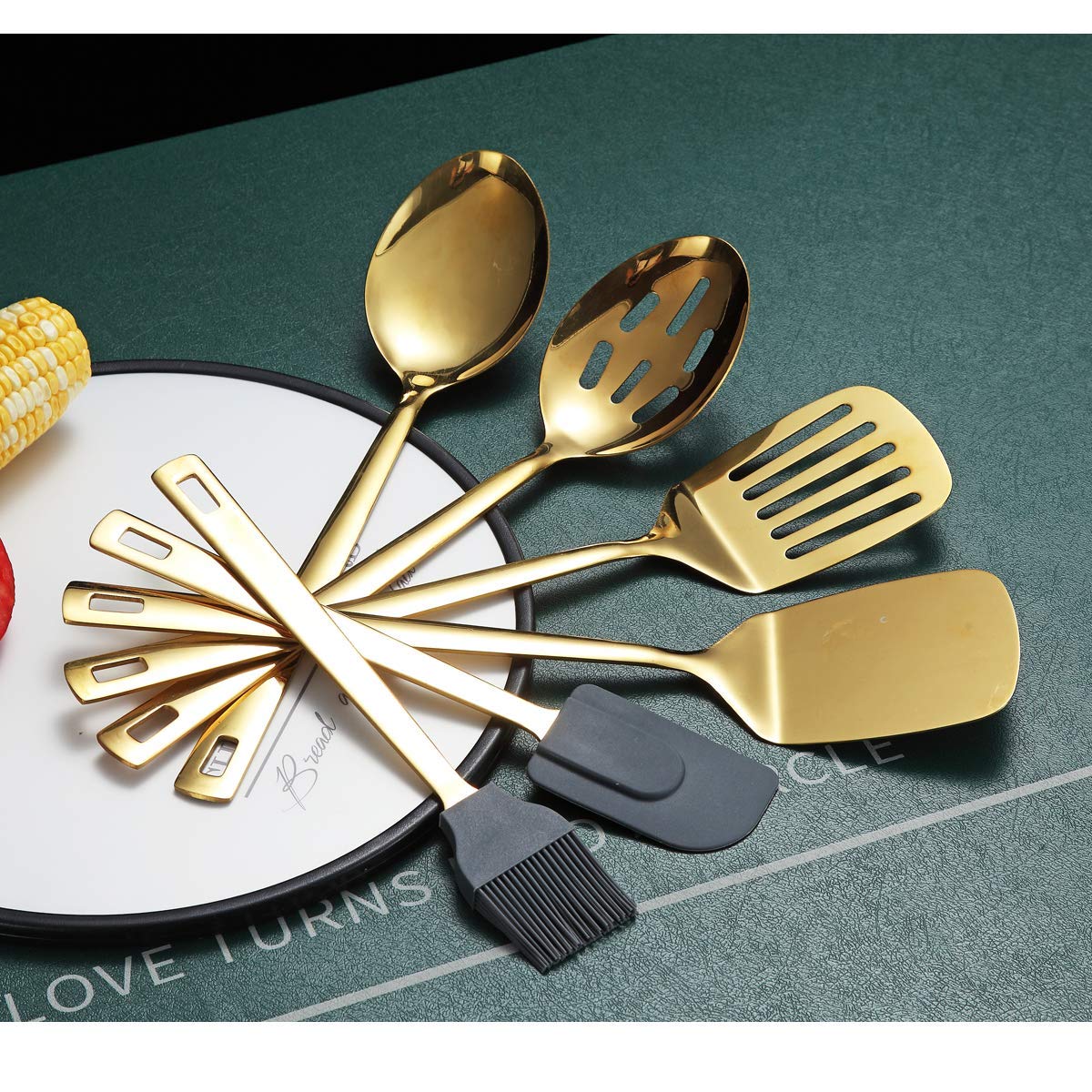 Gold Cooking Spoons, Berglander 6 Pieces Spatula Set Stainless Steel, Metal Spatula, Serving Spoon, Kitchen Tools Set Non-Stick