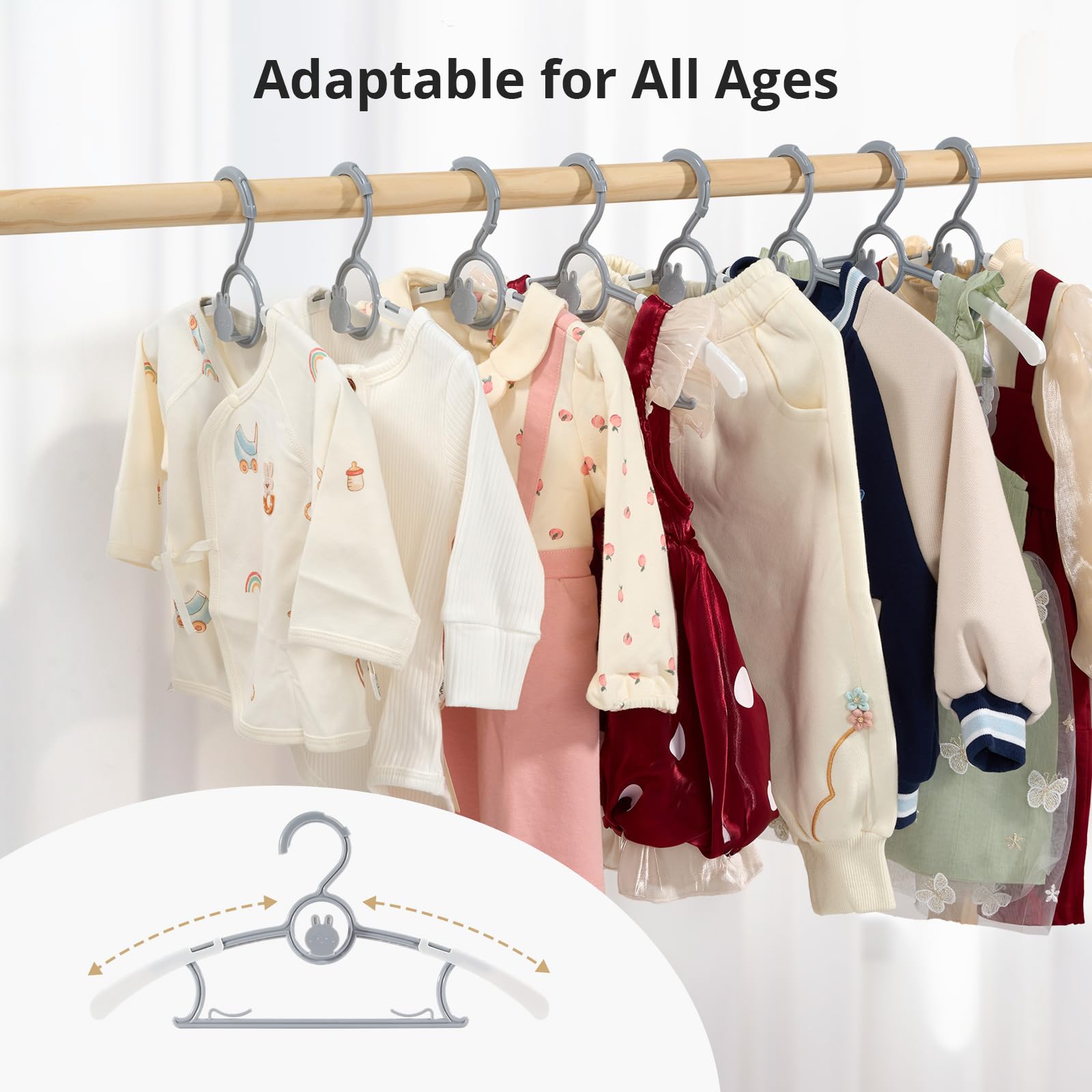 Piglog Kids Hangers, Extendable Baby Hangers, Non-Slip 80 Kids Clothes Hangers, 11''-14' Toddler Hangers, Space-Saving, Adjustab