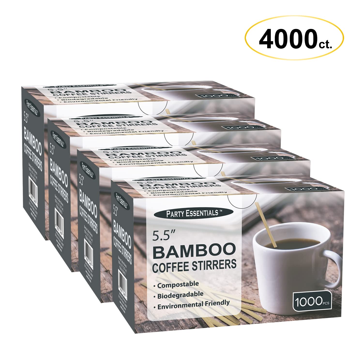 Party Essentials Bamboo Coffee Stirrers/Beverage Stir Sticks, 5.5'' Length, 4000-Count, Natural