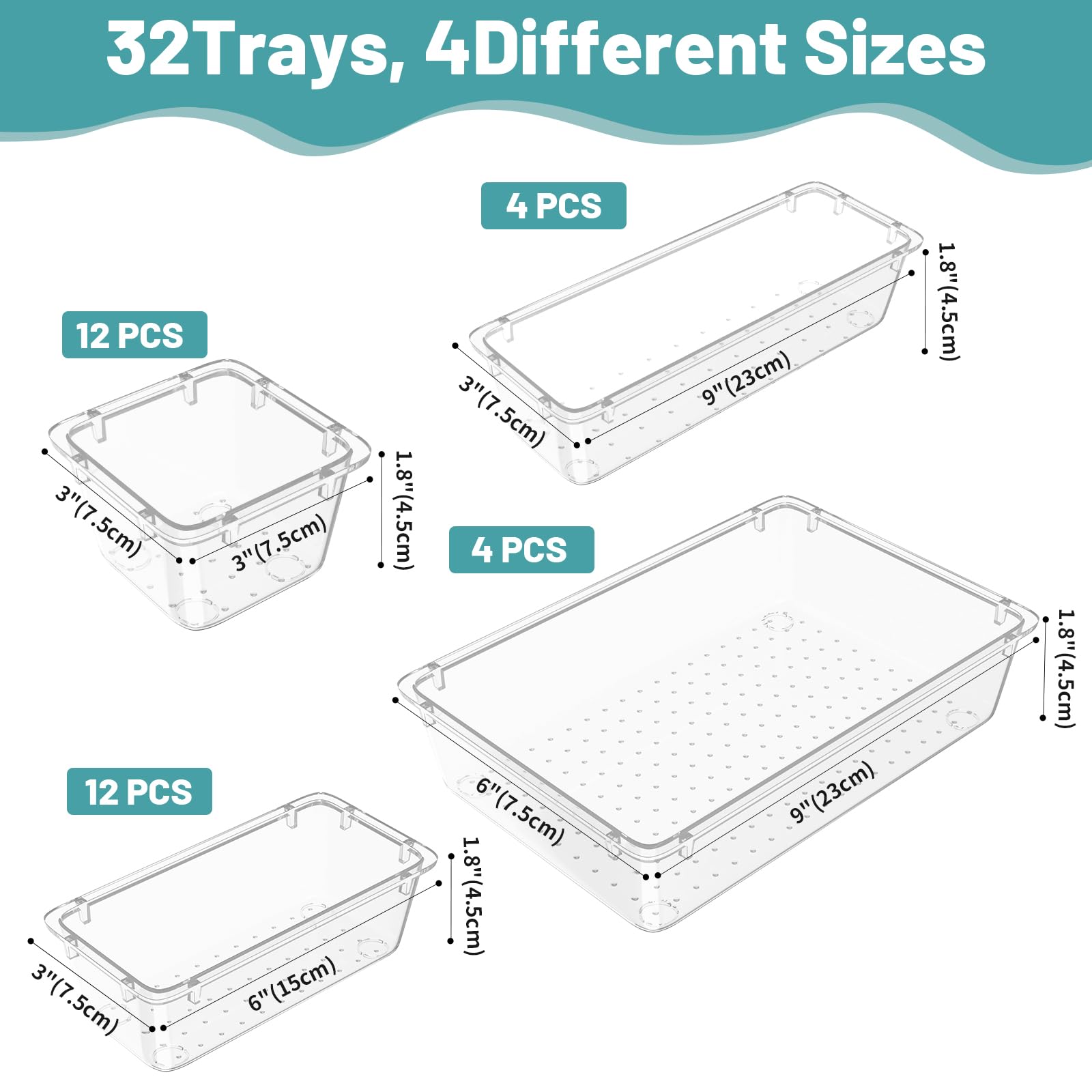 WOWBOX 32 PCS Clear Plastic Drawer Organizer Set, 4 Sizes Desk Drawer Organization and Storage Containers for Makeup, Cosmetics,