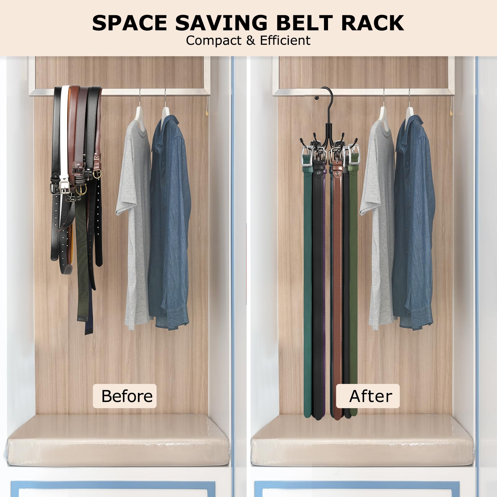 Belt Hanger, Homebros Black 360 Rotatable Metal Belt Rack Organizer For Closet Space Saving Belt Hooks Maximum 24 Storage Capaci