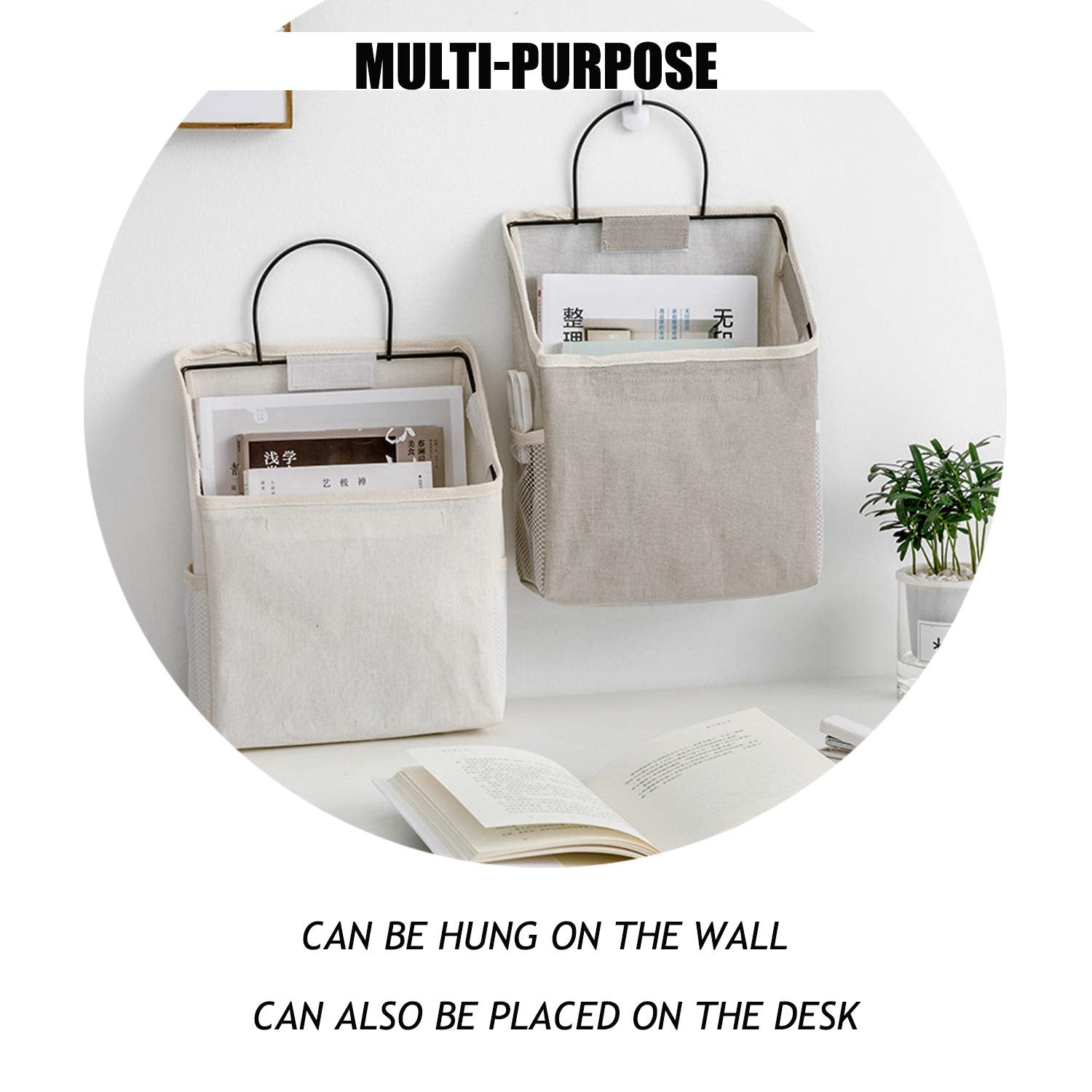 Qingsm 2 Pcs Wall-Hanging Storage Bags,Desktop Organizer Basket Cotton Linen Hanging Storage Basket For Kitchen,Bderoom,Living R