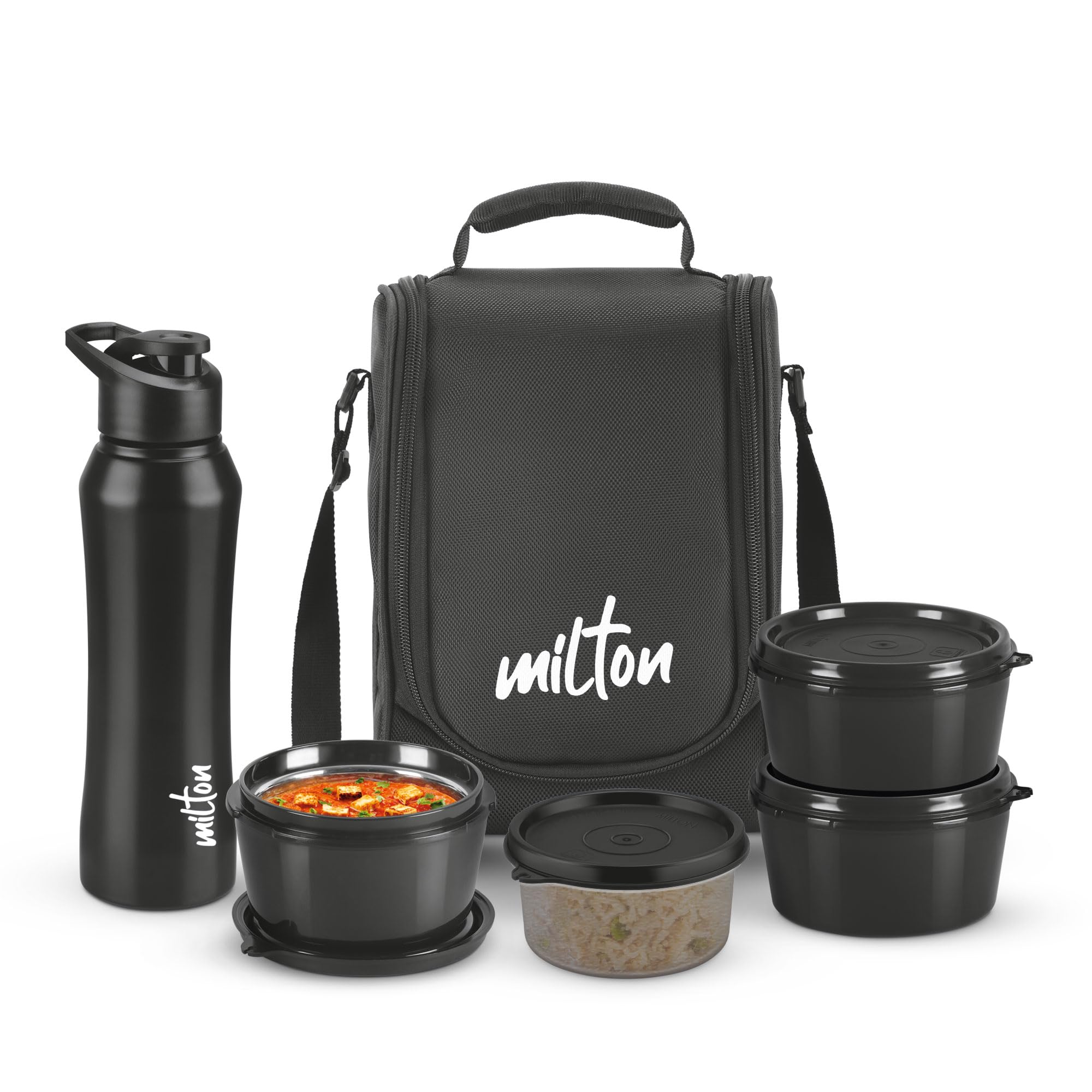 Milton Food Fiesta Tiffin (3 Microwave Safe Inner Steel Containers, 320 Ml; 1 Plastic Container, 280 Ml; 1 Comet Bottle, 750 Ml)