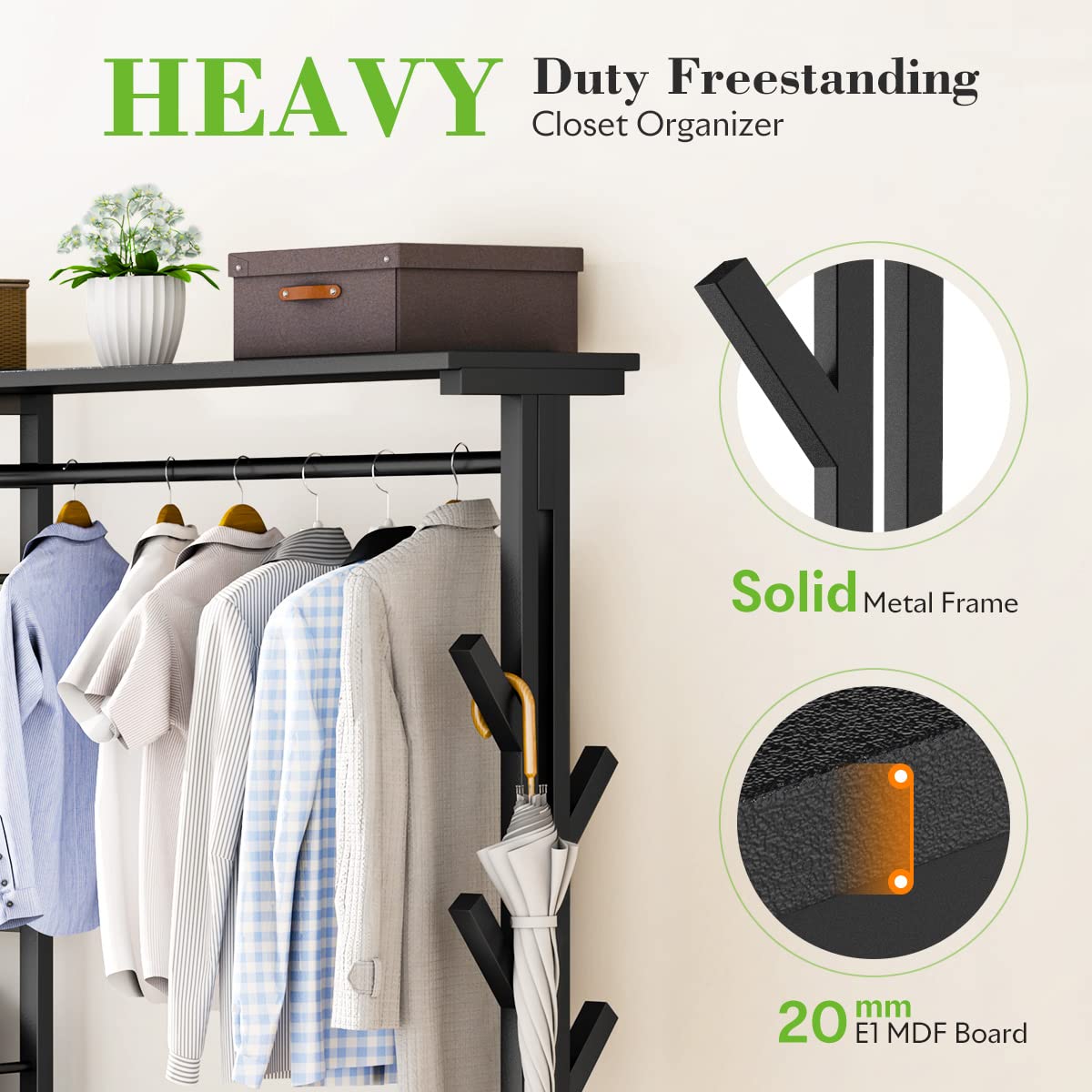 Hokeeper 650Lbs Capacity Free Standing Closet Organizer With 6 Metal Shelves And Coat Rack Heavy Duty Clothing Rack For Hanging