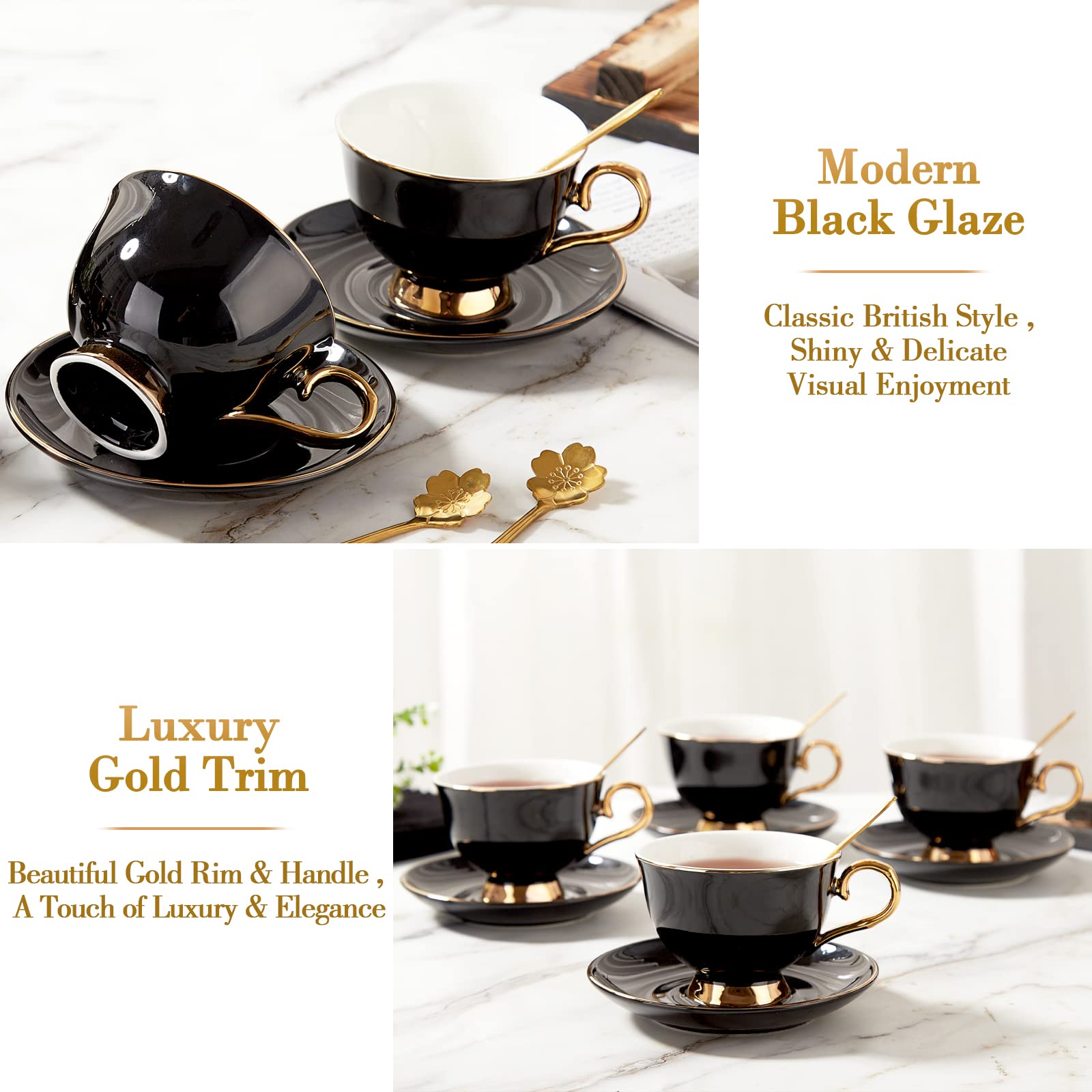 Dujust Tea Cups And Saucers Set Of 4 (7.4Oz), Luxury Tea Cup Set With Golden Trim, Black Coffee Cups With Metal Stand, British P