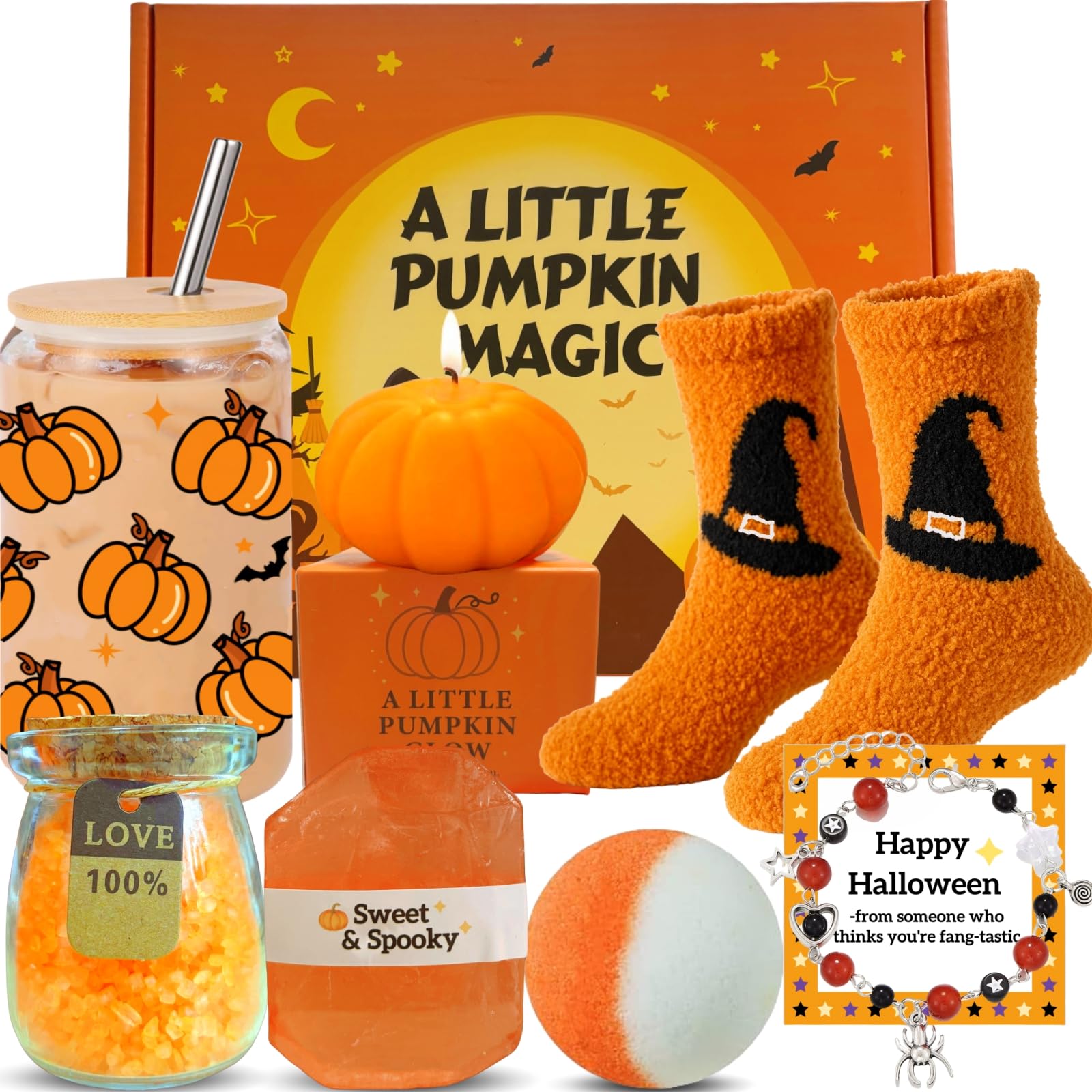 UURM Boo Basket Gift for Women, 7 Spooky Gift Set Including Glass Cup, Halloween Pumpkin Gifts for Friends Teen Girls (Pumpkin)