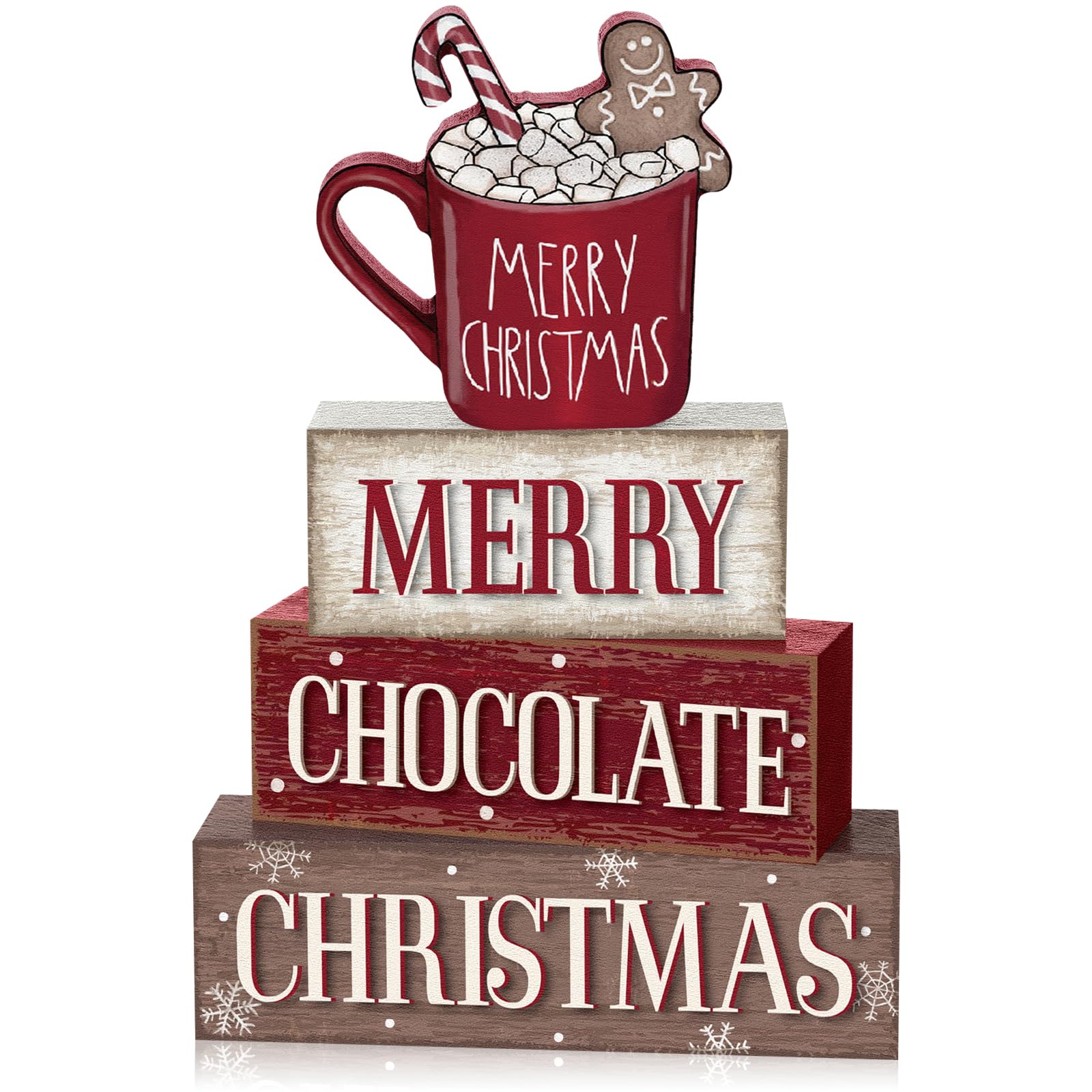Yousoontic 4 Pcs Christmas Wooden Table Decorations Hot Cocoa Gingerbread Rustic Block Signs Centerpiece Tiered Tray Decor Xmas 