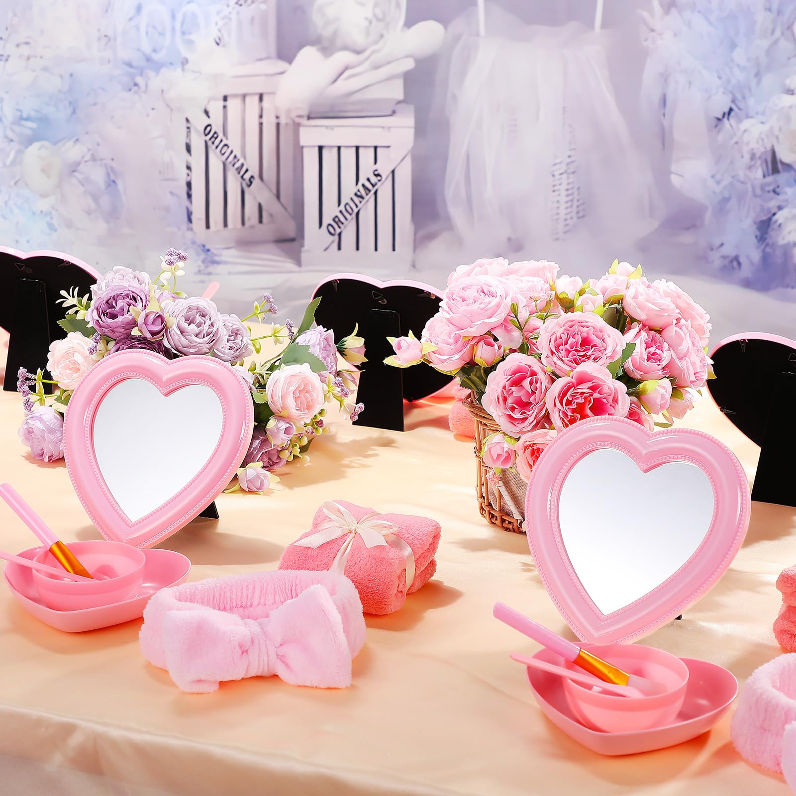 GlikCeil 8 Pcs Spa Party Supplies 8 Heart Shaped Mirror Pink for Sleepover Party Favors Makeup Mirror for Spa Slumber Birthday F