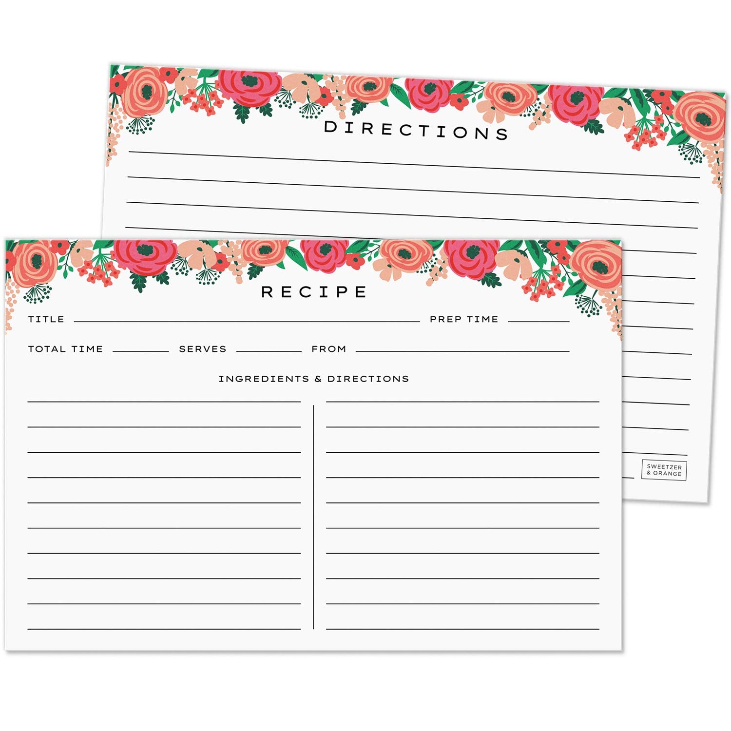 Sweetzer & Orange 4X6 Recipe Cards. Set Of 50X Floral, Blank Recipe Cards 4X6 Inches Double Sided. Large Recipe Index Card Fits