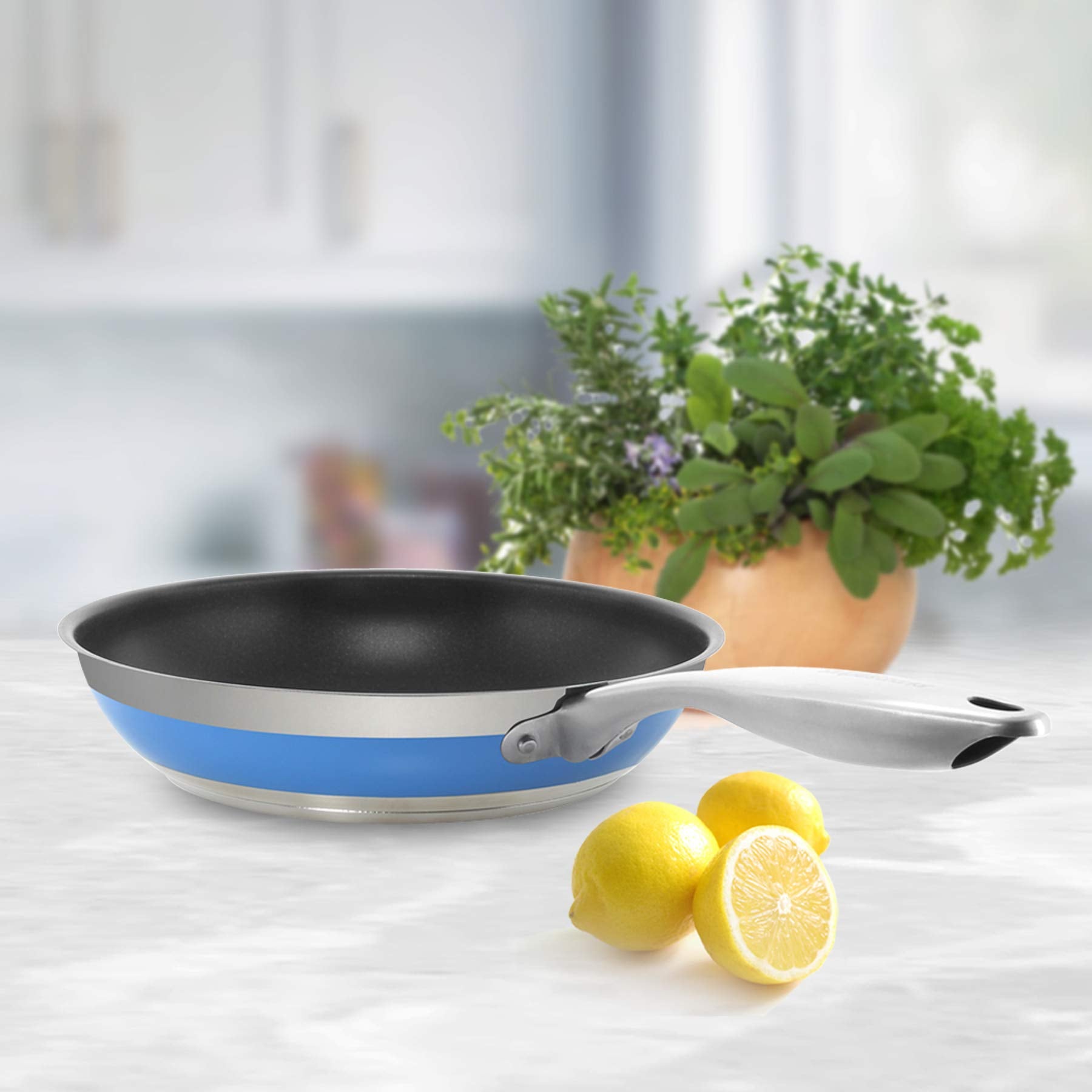 Chantal Nonstick 8 Inch Stripes Fry Pan, Brushed Stainless Steel, Blue Cove
