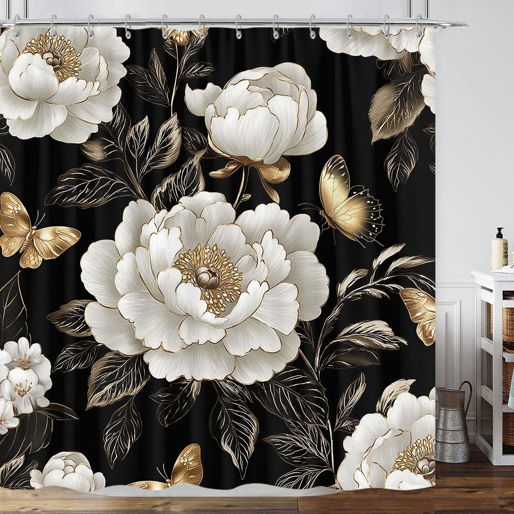 Black And Gold Boho Floral Shower Curtain, Vintage Unique Dark Flowers Botanical Aesthetic Decorative Shower Curtain, Pretty Gol