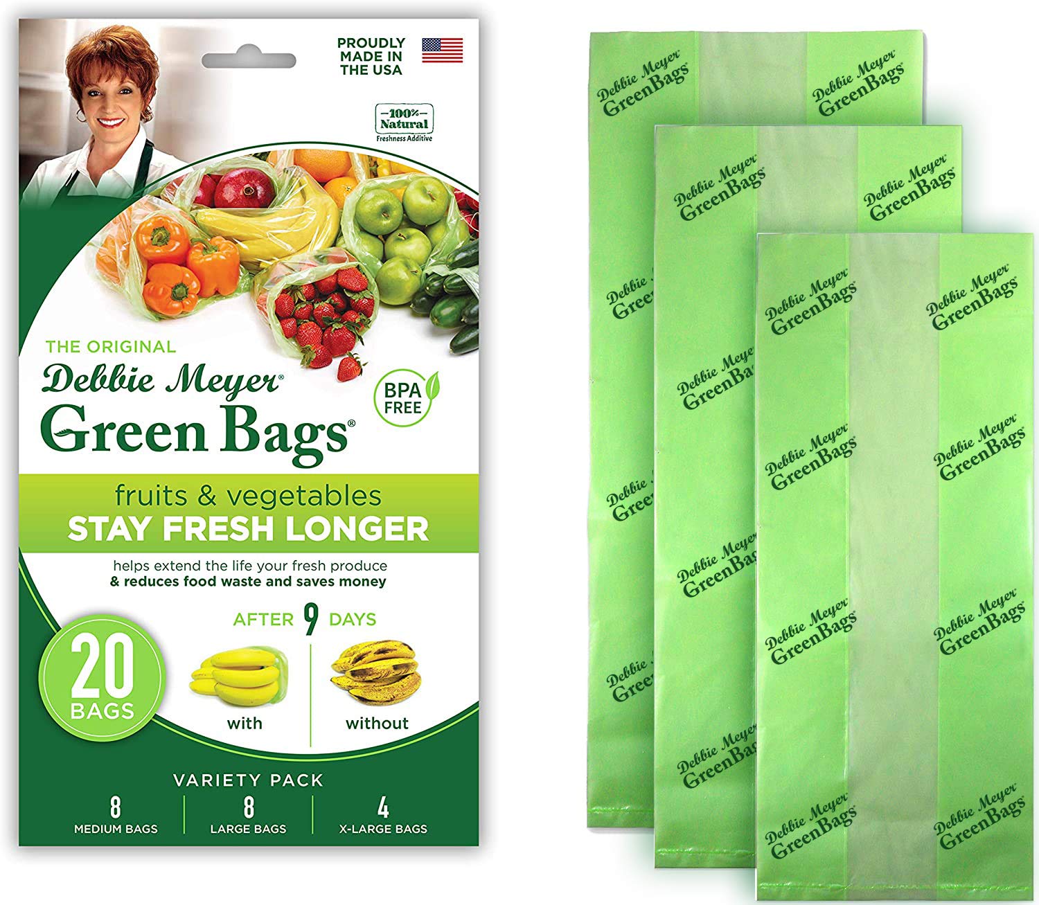 Debbie Meyer Greenbags 20-Pack (8M, 8L, 4Xl) - Keeps Fruits, Vegetables, And Cut Flowers, Fresh Longer, Reusable, Bpa Free, Made