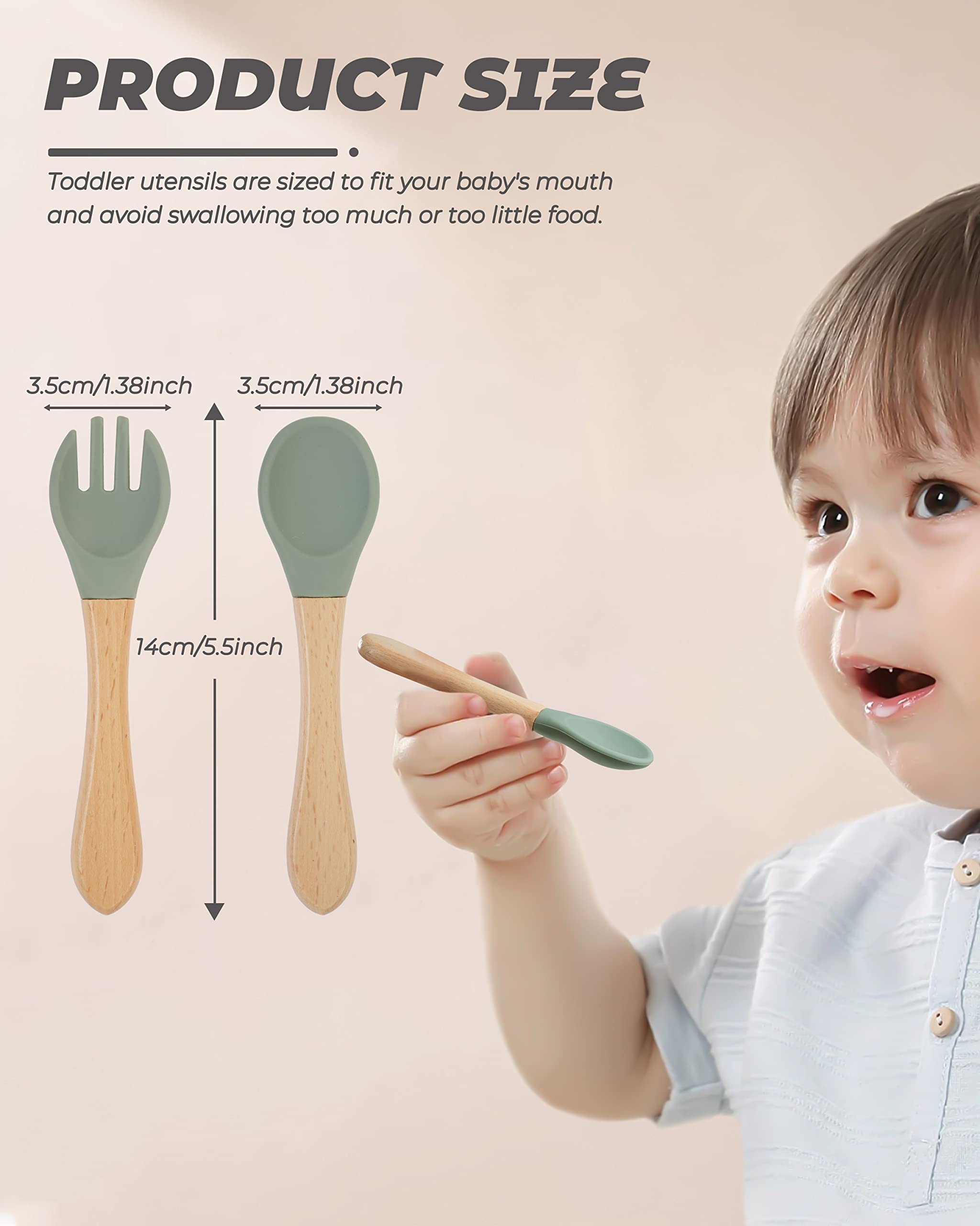 10 Pieces Bamboo Baby Spoons & Baby Forks Set, Chewable Baby Utensils For Self-Feeding, Bamboo And Silicone Baby Utensils, Kids