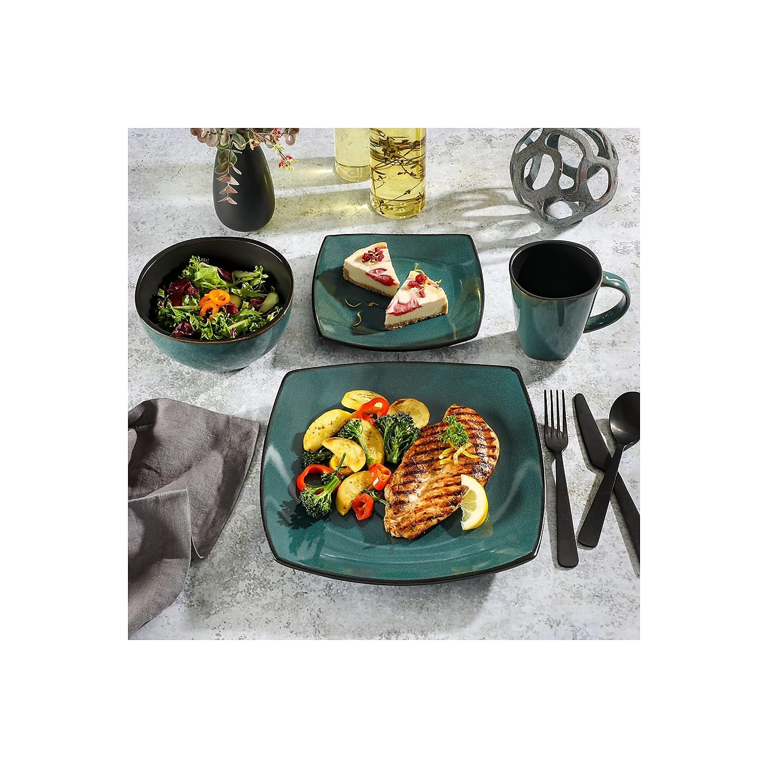 Gibson Elite Soho Lounge 16 Piece Reactive Glaze Dinnerware Set, Soft Square, Teal Green, Service for 4 (16pc)