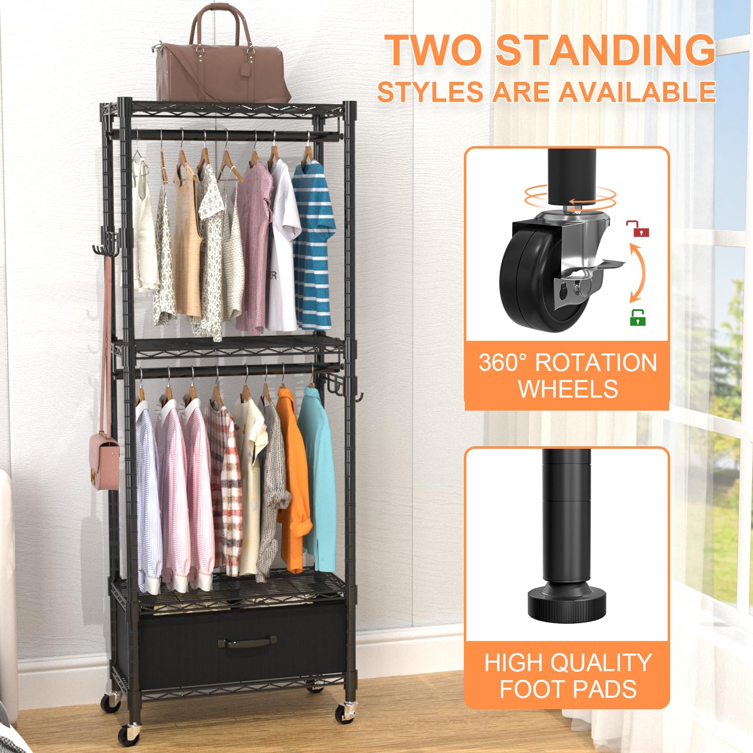 Vygrow Clothes Rack, Clothing Rack For Hanging Clothes, Kids Clothes Rack, 4 Tiers Adjustable Closet Organizer With Drawer | Dou