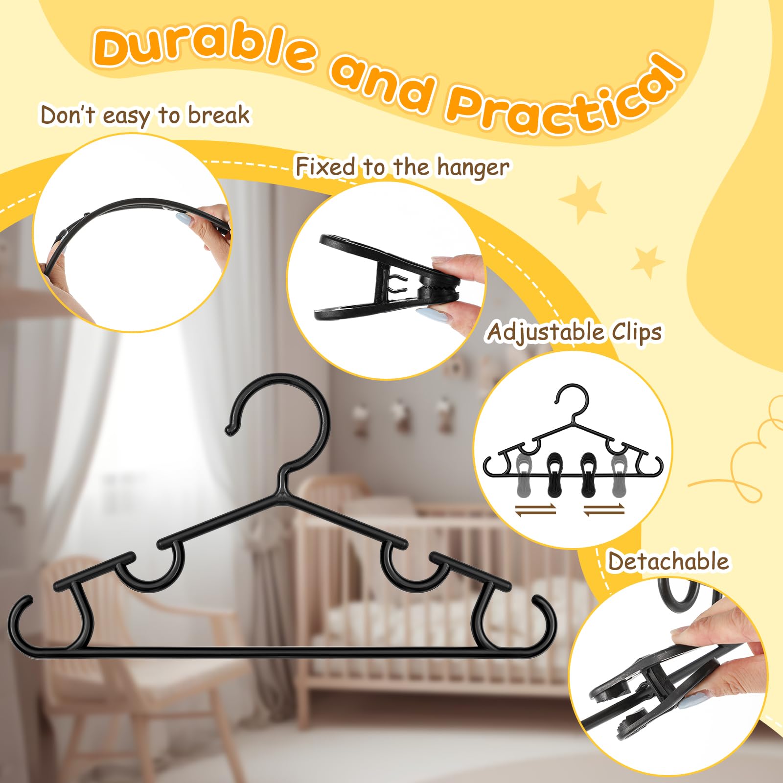 Hsei 120 Packs Baby Hangers With Clips Toddler Hangers Kids Hangers With Clips For Pants Closet Coat Skirts Socks (Black)