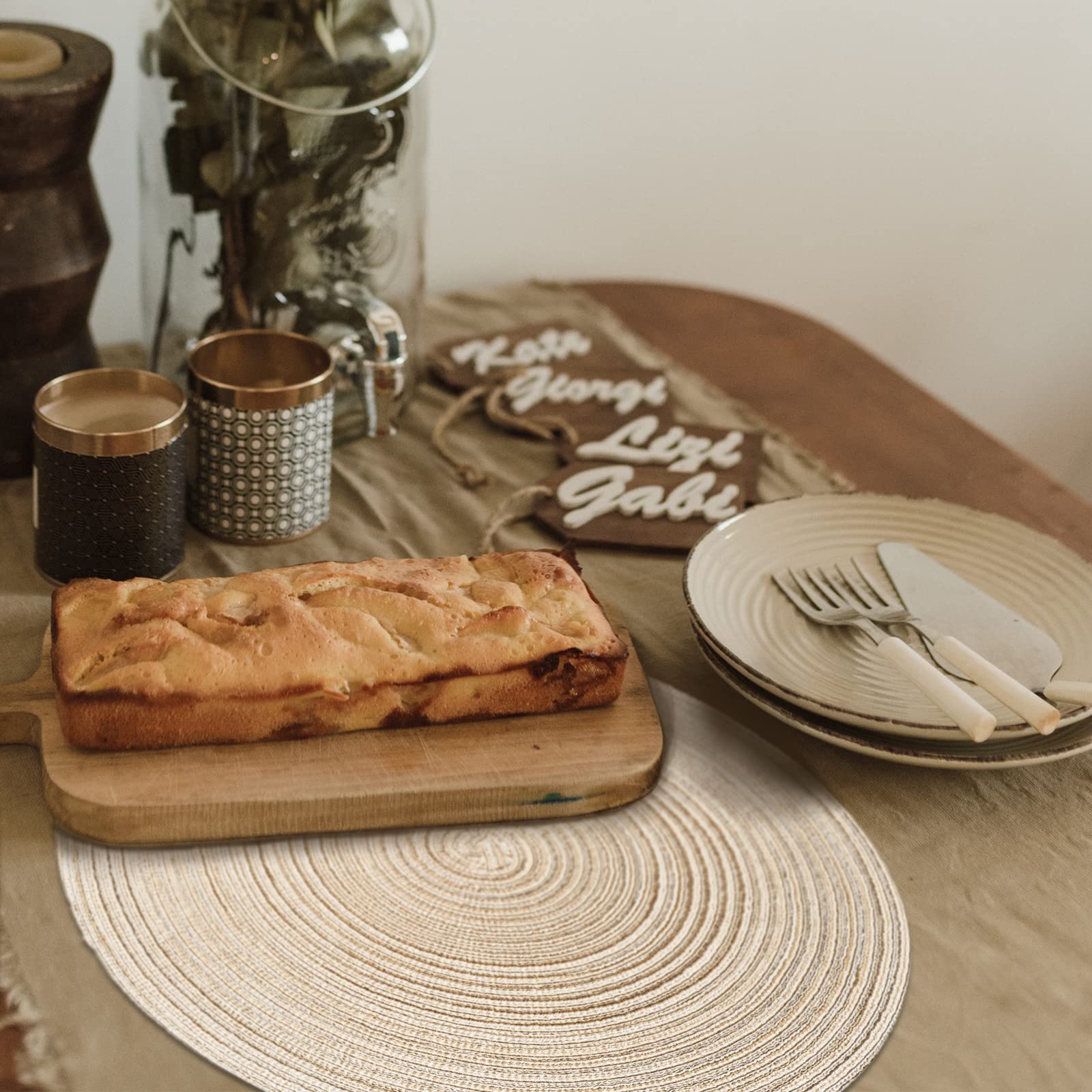 Funwheat Round Braided Placemats Set Of 8 Place Mats For Dining Tables Woven Heat Resistant Table Mats 15 Inch (E Beige, 8Pcs)