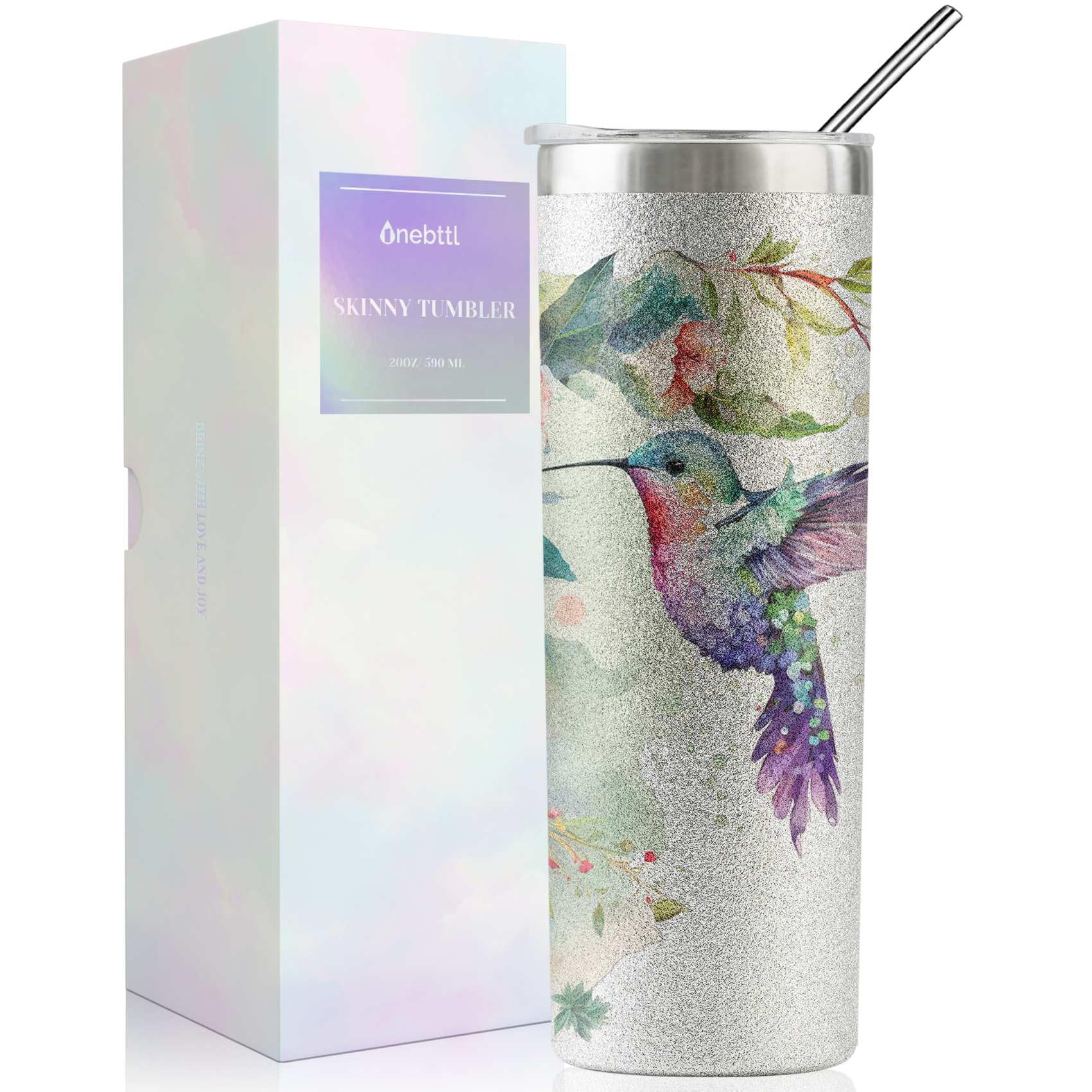 Onebttl Hummingbird Gifts For Women, Her and Hummingbird Lovers - 20oz/590ml Stainless Steel Insulated Glitter Tumbler with Stra