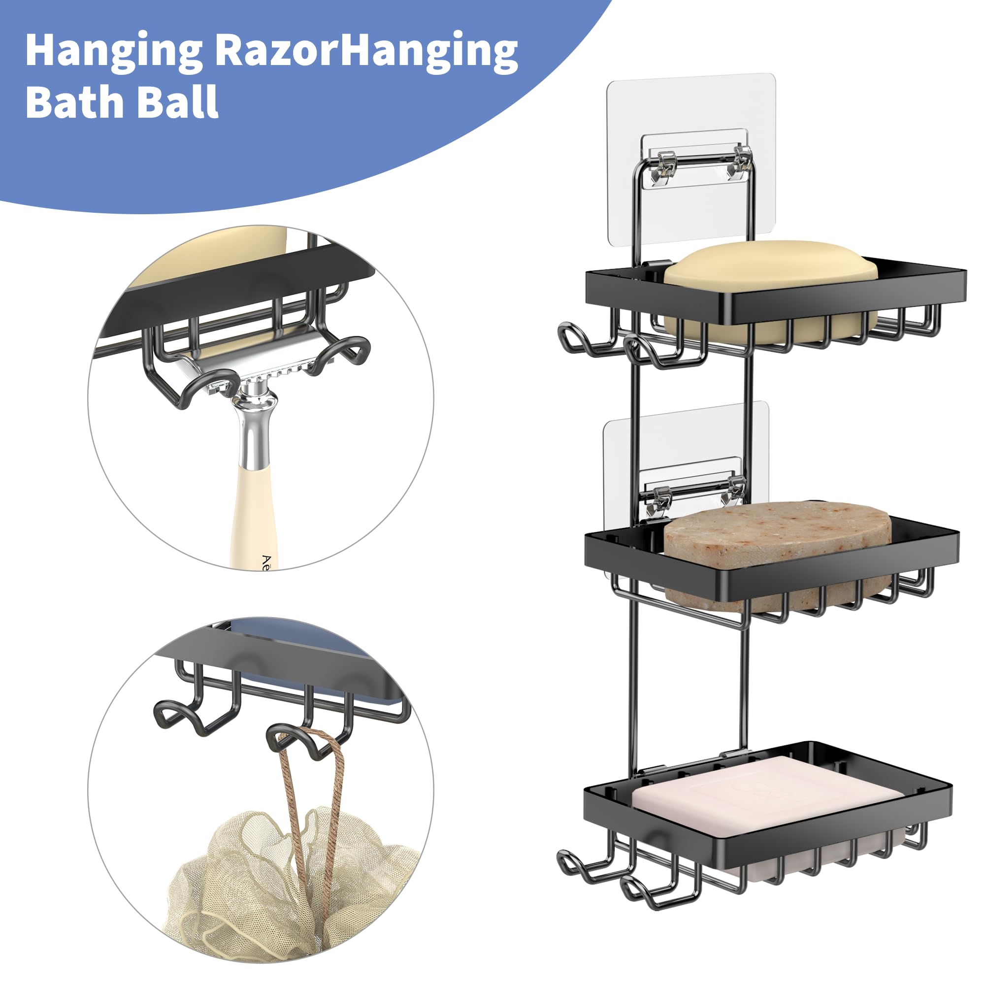 Moforoco Soap Dish Holder For Shower Wall, No Drilling, 3-Tier 304 Rustproof Stainless Steel, Soap Bar Holder With 4 Hooks And R
