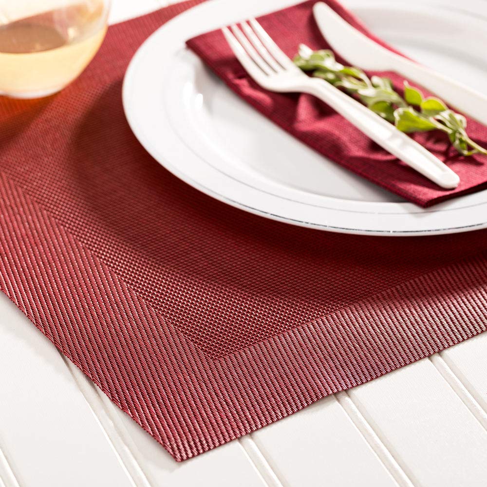 Restaurantware Geneva 16 Inch X 12 Inch Vinyl Table Mats 6 Heat Resistant Dinner Placemats - Stain Resistant Washable Red Vinyl