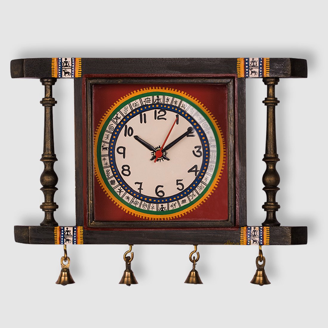 Exclusivelane Warli Hand-Painted Living Room Bedroom Stylish Decorative Teak Wood Wall Clock (30.2 Cm X 6.1 Cm X 25.1 Cm, Natura