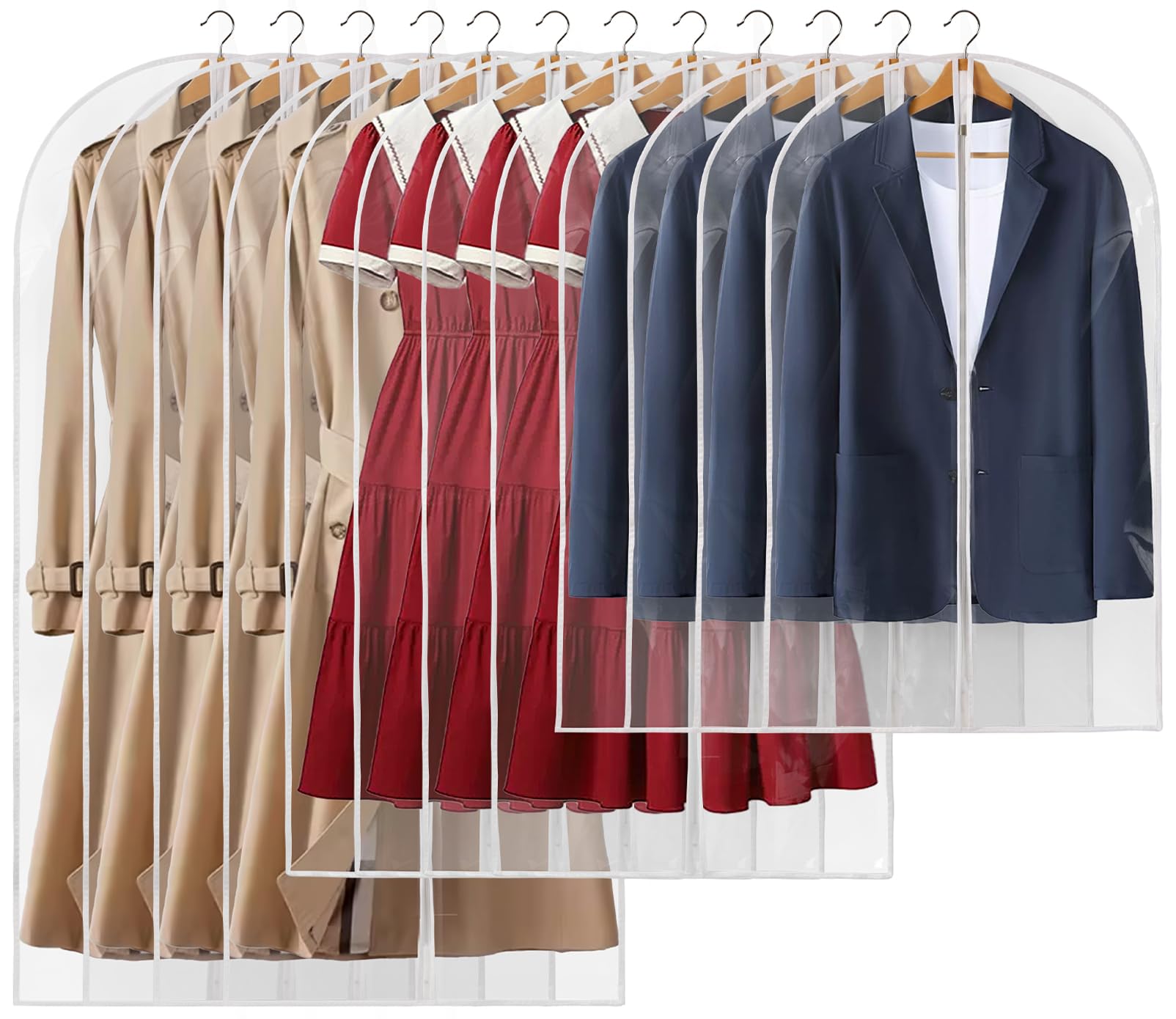 Perber 12 Packs All Clear Garment Bags For Hanging Clothes, Suit Bags For Closet Storage, Plastic Waterproof Suit Cover Bags Wit