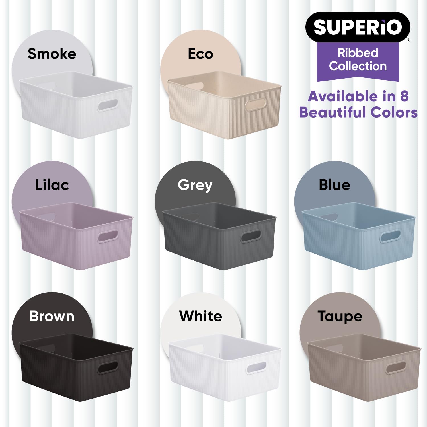 Superio Ribbed Collection - Decorative Plastic Open Home Storage Bins Organizer Baskets, Large Grey (4 Pack) Container Boxes For