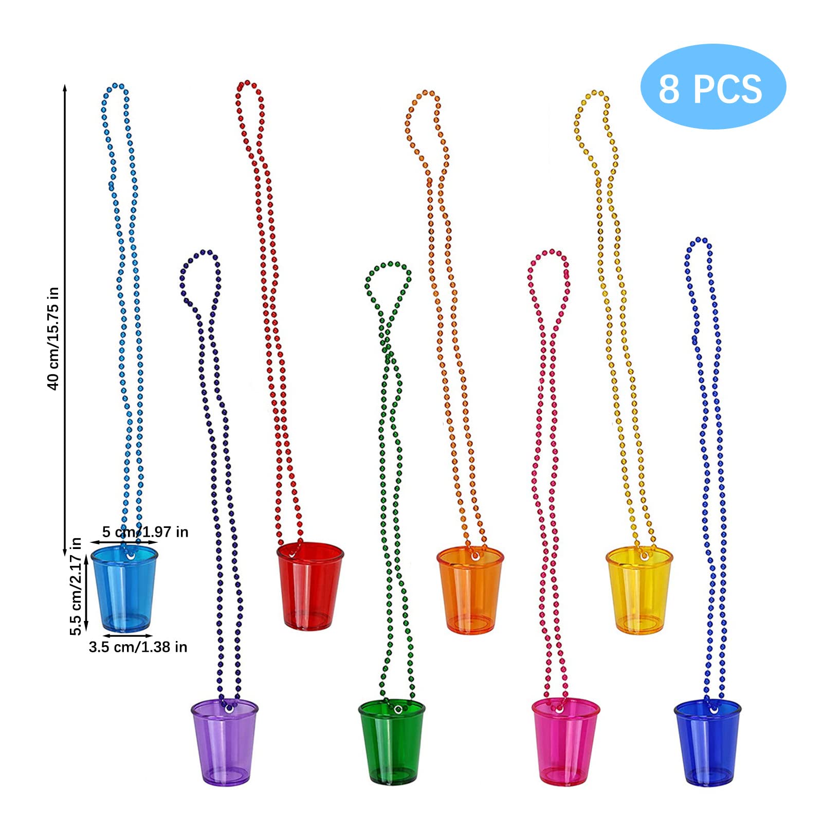 Inheming 8 Pieces Christmas Shot Glass On Beaded Necklace, Plastic Colorful Clear Shot Cup Necklace, Bachelorette Party Team Gro