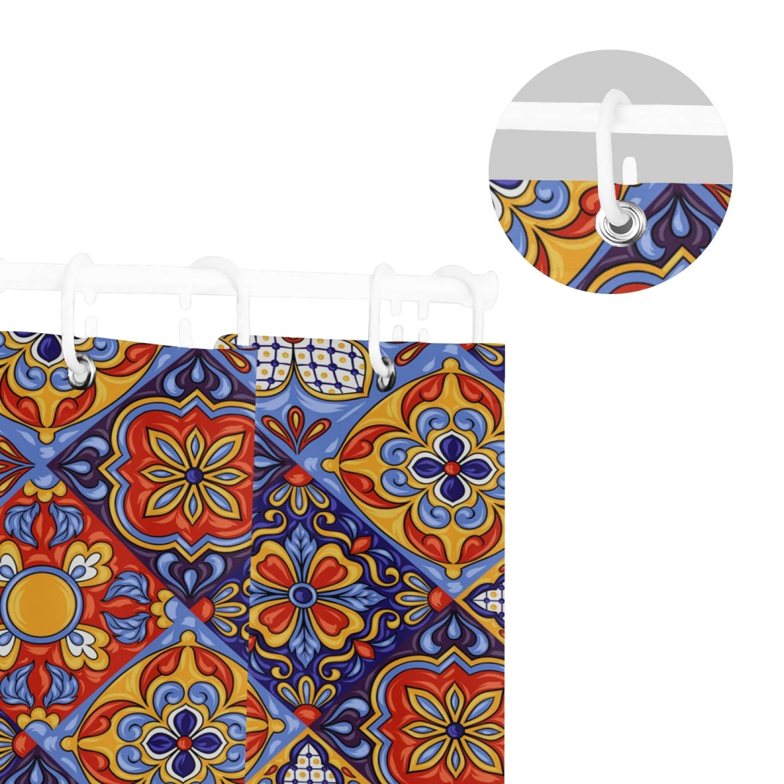 Wellday Shower Curtain Mexican Talavera Ceramic Tile Pattern Bathroom Decor Waterproof Fabric With Hooks 60X72 Inch
