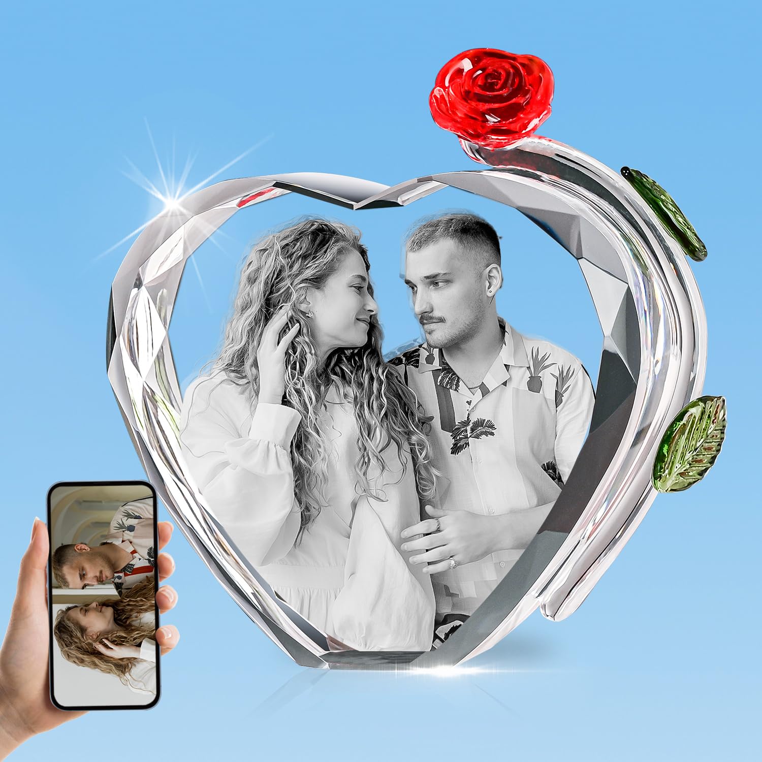 HAN S LASER 3D Crystal Photo, Personalized Gift with Your Own Photo, Unique, Birthday (Heart Rose)