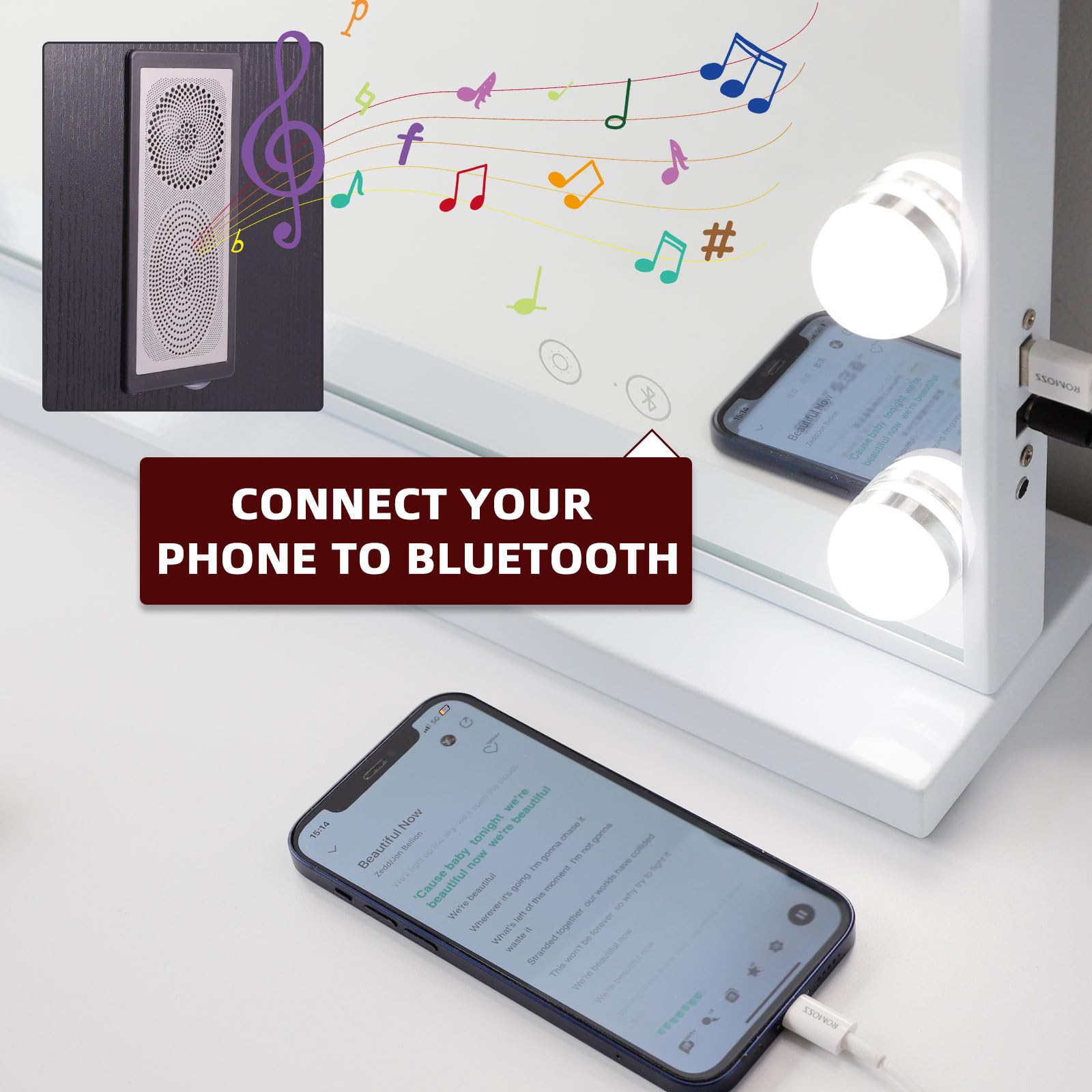 Vanitii Vanity Hollywood Mirror With Lights Speaker Usb Charging Lighted Makeup Mirror With Bulbs 3 Lighting Modes And Desktop L