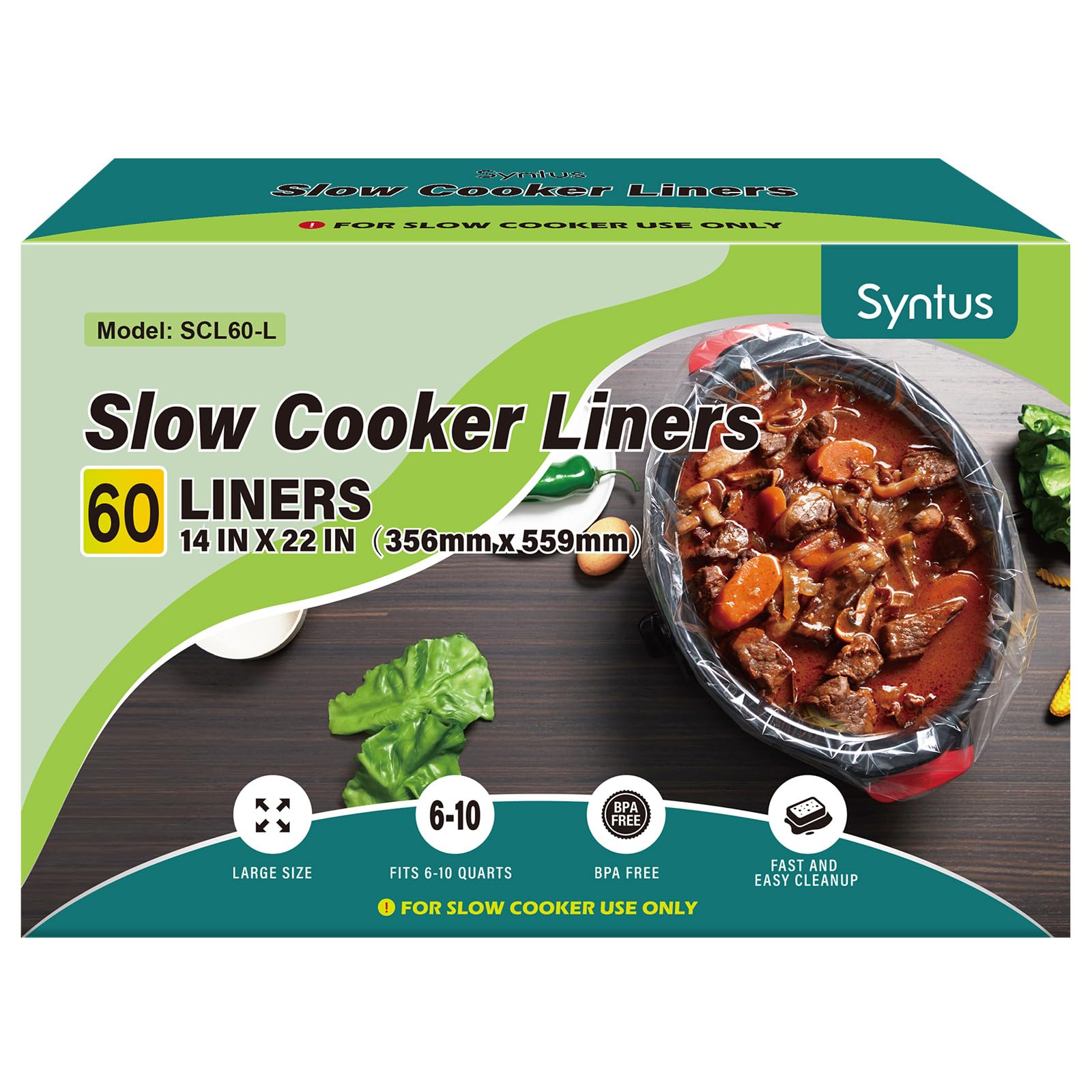 Syntus Slow Cooker Liners, 60 Count Cooking Bags Extra Large Size Disposable Pot Liners Plastic Bags, Fit 6Qt To 10Qt For Slow C