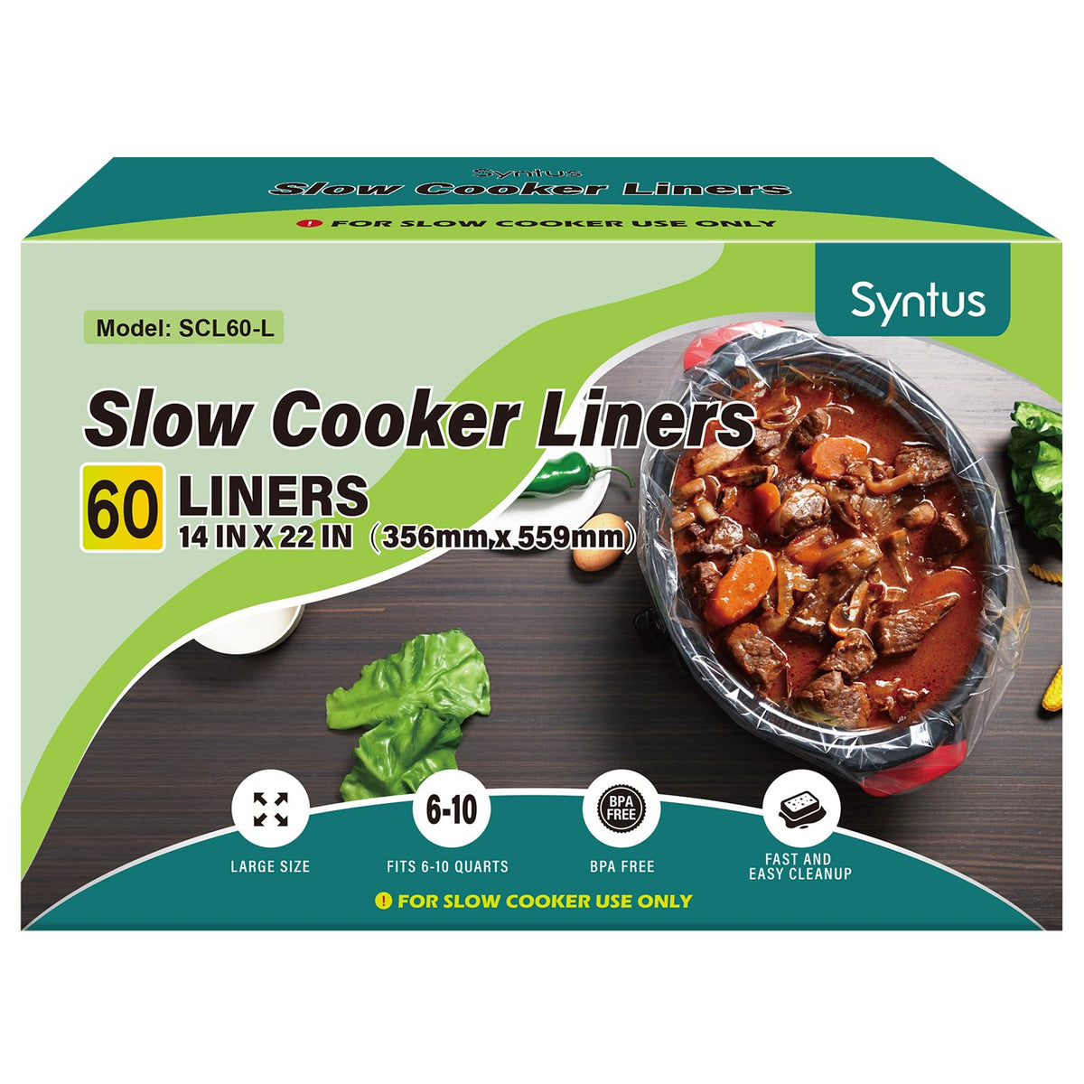 Syntus Slow Cooker Liners, 60 Count Cooking Bags Extra Large Size Disposable Pot Liners Plastic Bags, Fit 6Qt To 10Qt For Slow C