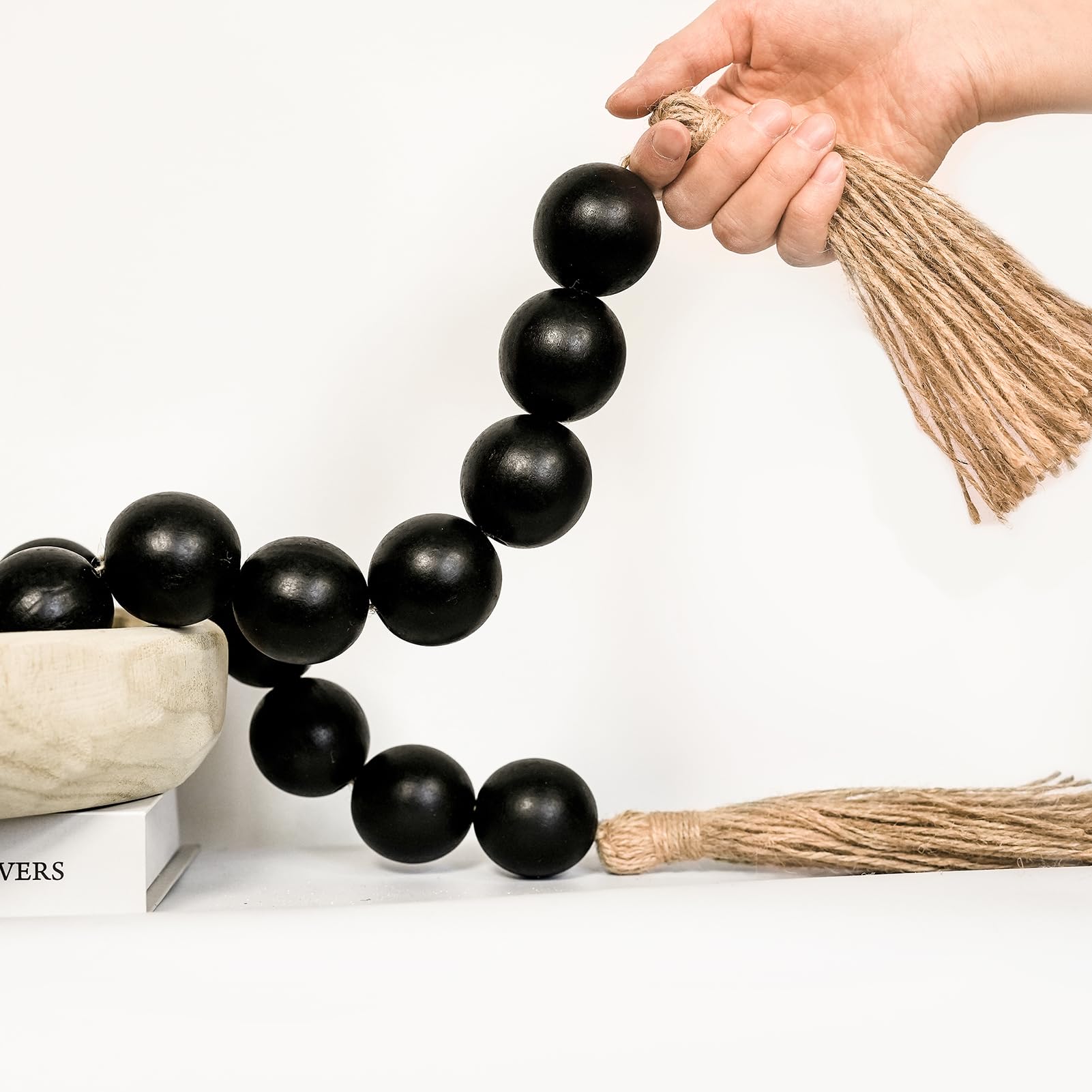 RUIRUICO Black Extra Large Wood Bead Garland with 1.6 Diameter Wooden Beads, 58 Long Wooden Beads Garland with Tassels, Decorati