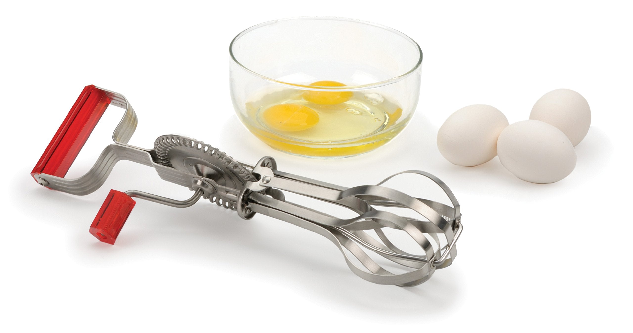 Rsvp International (Beatr-Rd) Handheld Vintage Inspired Egg Beater, 18/8 Stainless Steel Dishwasher Safe, 12.25 Inch, Red