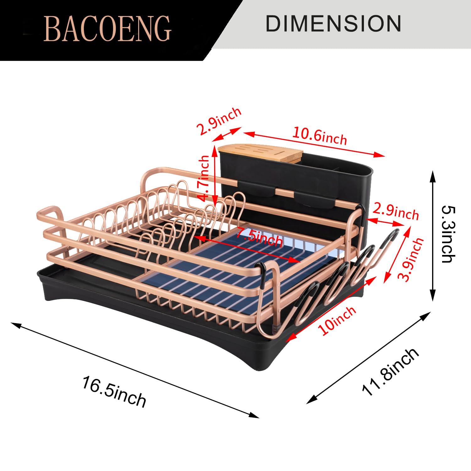 Bacoeng Aluminum Dish Drying Rack,Never Rust Dish Rack With Removable Cutlery Holder & Cup Holder, 360 Swivel Spout Drain Board,