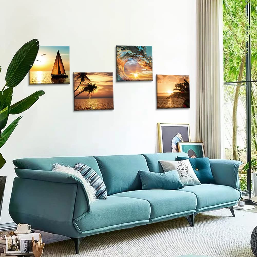 Otostar 4 Pieces Wall Art Canvas Prints - Coconut Tree Sailboat And Sea Picture Painting - Modern Wall Artwork Framed For Gifts