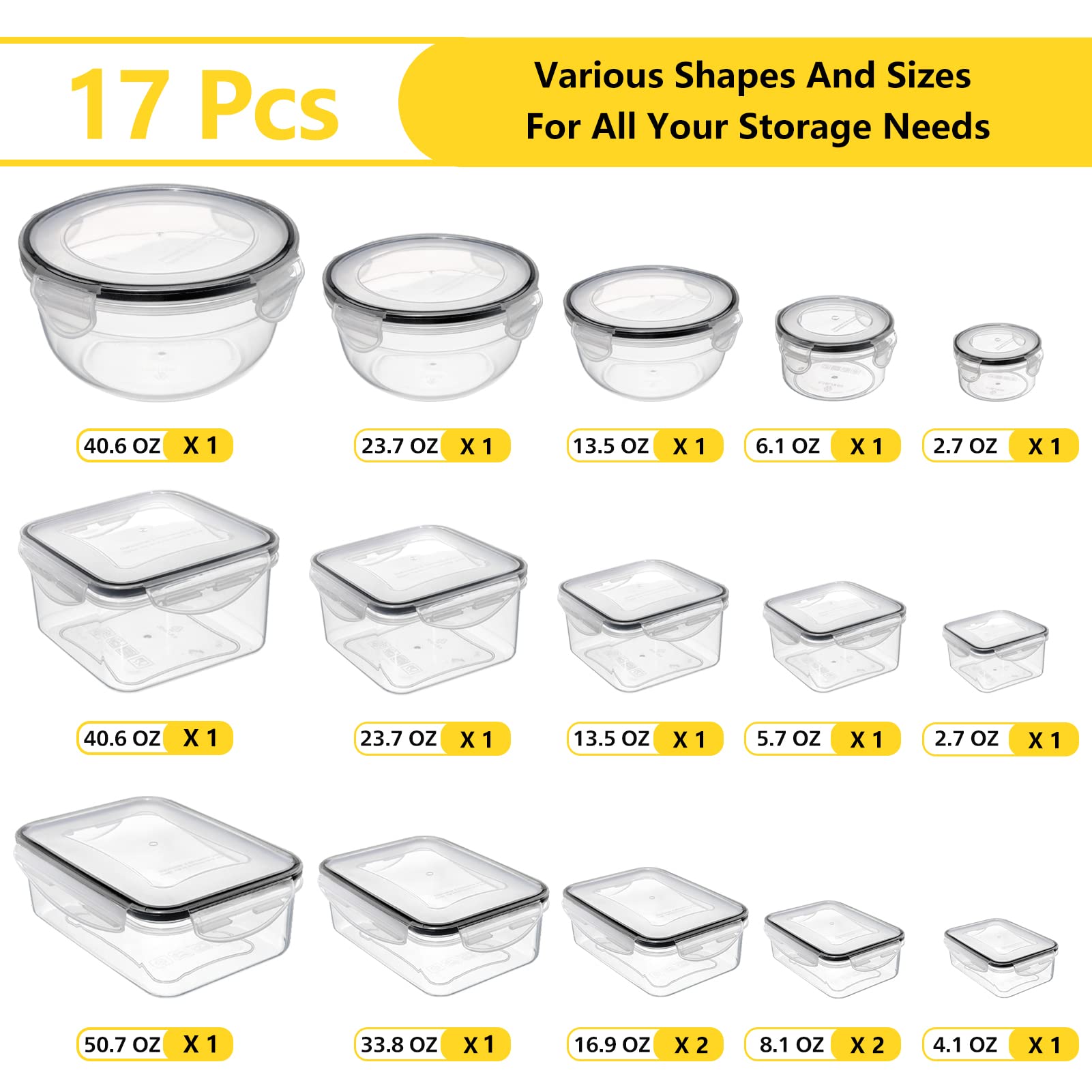 34 Pcs Food Storage Containers Set With Airtight Lids (17 Lids &17 Containers) - Bpa-Free Plastic Food Container For Kitchen Sto
