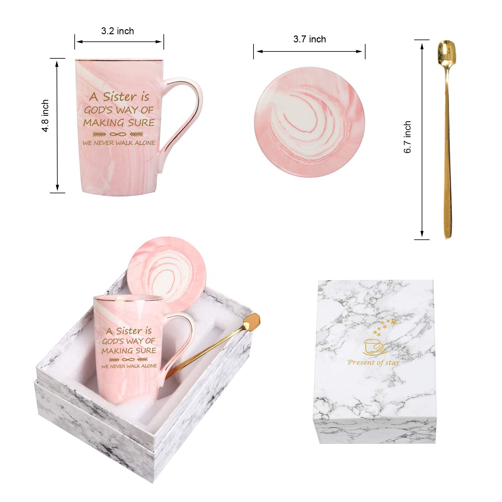 Pink Coffee Mug with Box Spoon Coaster A Sister Is Gods Way of Making Sure We Never Walk Alone Coffee Cup Birthday Gifts for Sister In Law from Sister Brother Sister Sis 14 Ounce