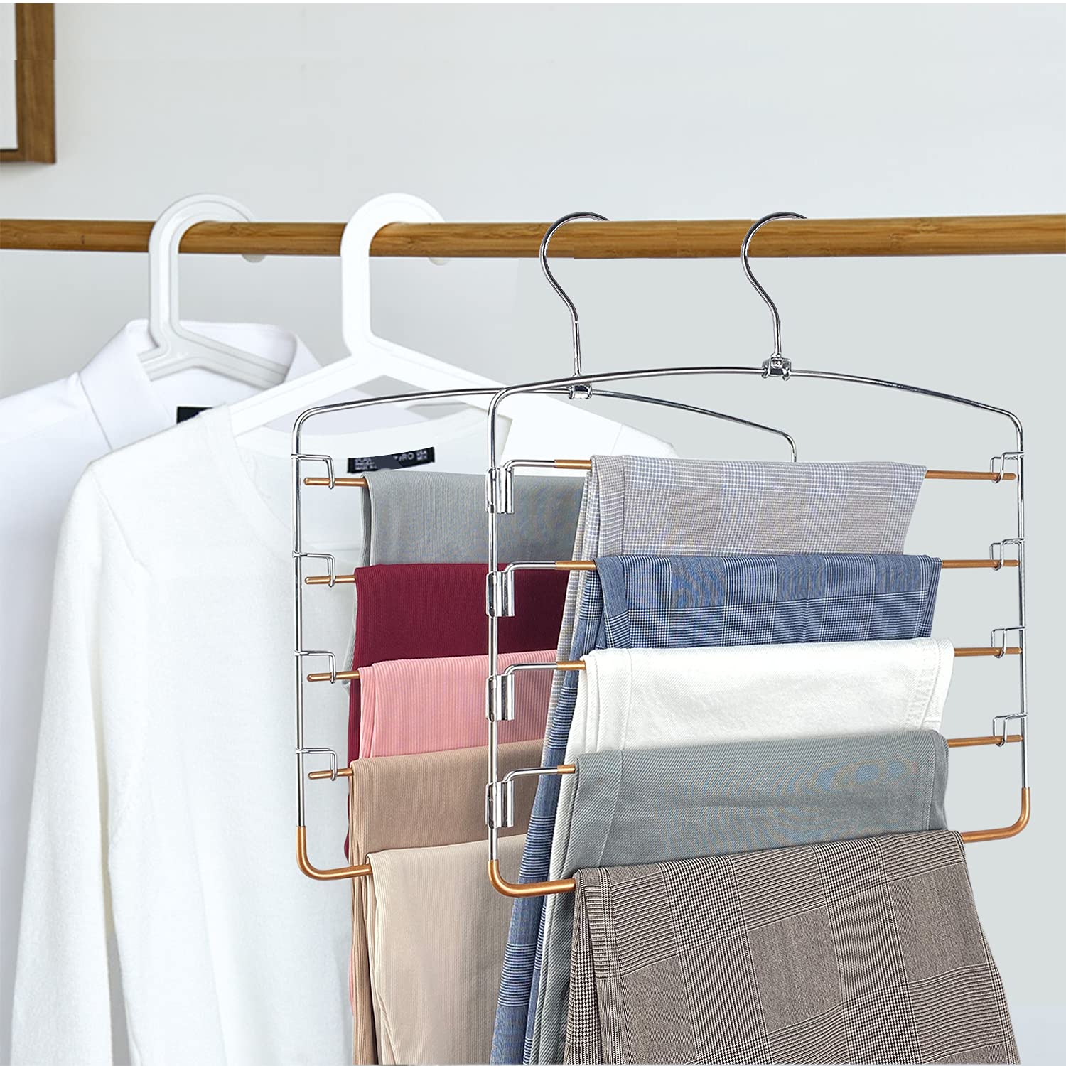 Pants Hangers Non Slip 3 Pack Space Saving Hangers Multi-Layer Swing Arm Pants Hanger Stainless Steel Space Saver Hangers for Pants Jeans Scarf Trouser Tie Towel Clothes (Gold)